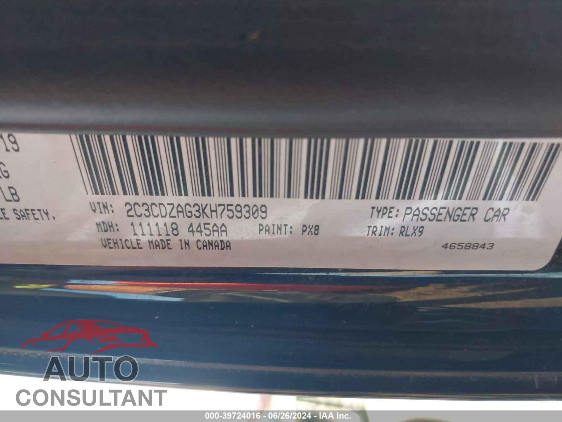 DODGE CHALLENGER 2019 - 2C3CDZAG3KH759309