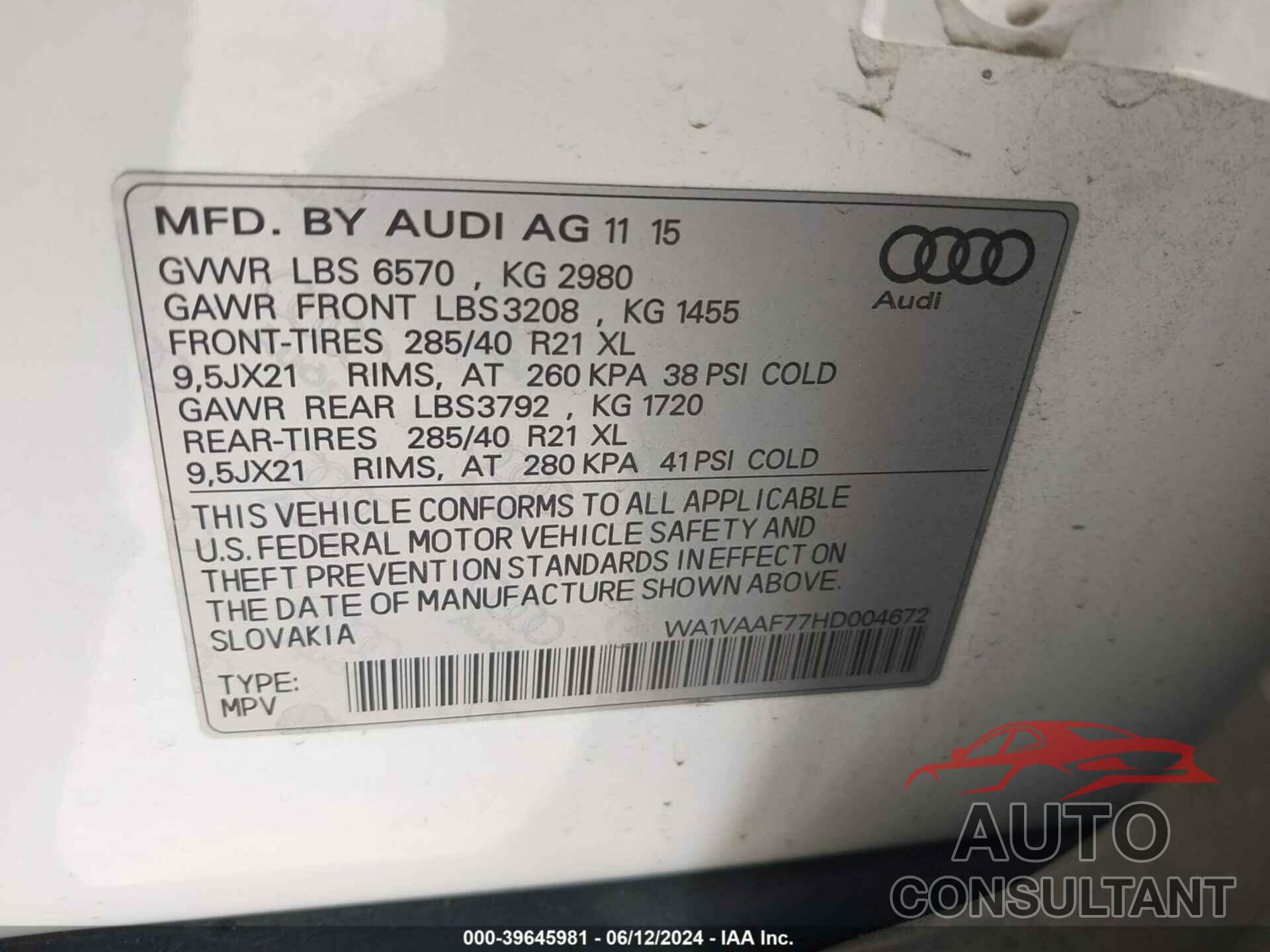 AUDI Q7 2017 - WA1VAAF77HD004672