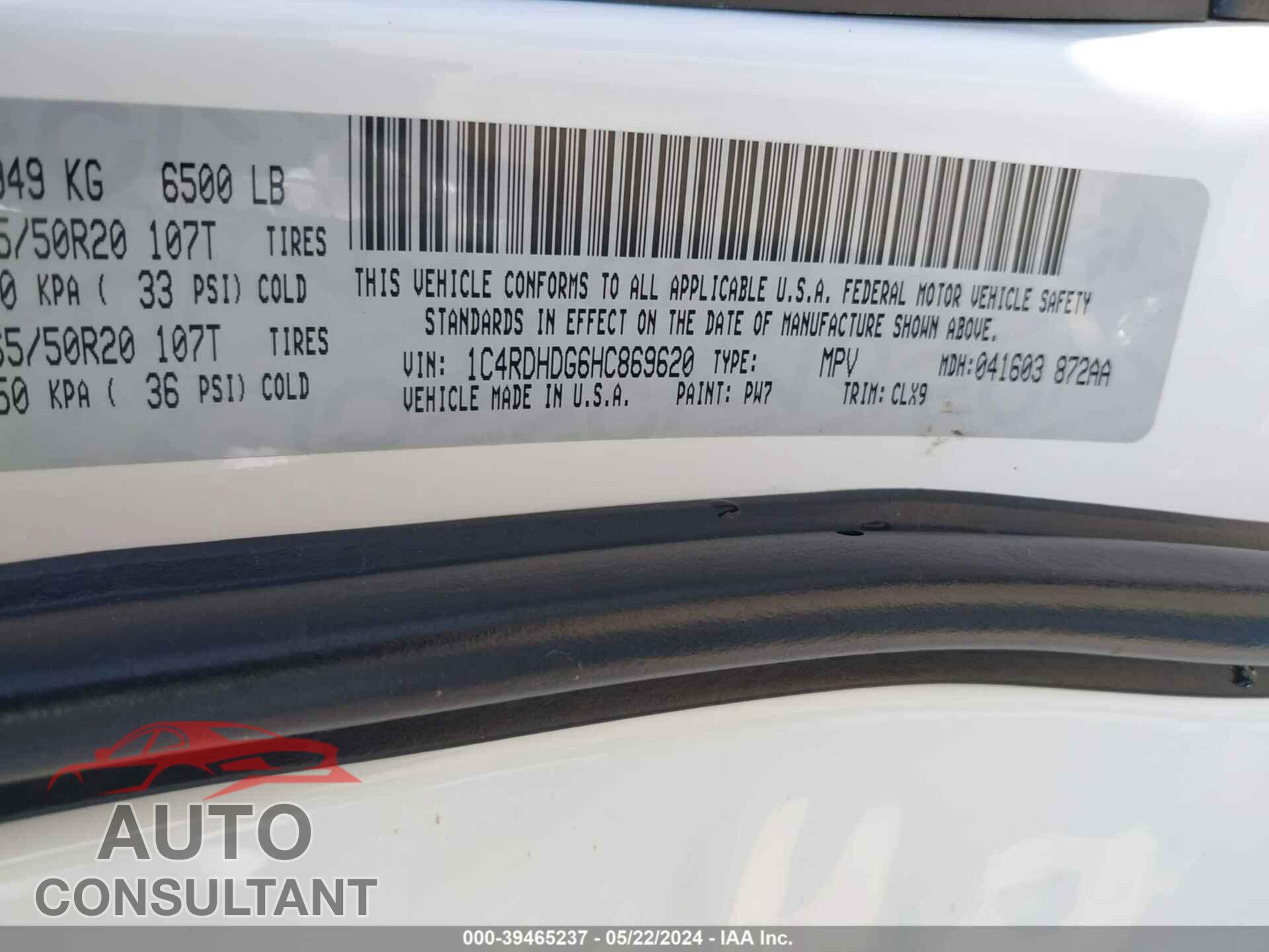 DODGE DURANGO 2017 - 1C4RDHDG6HC869620