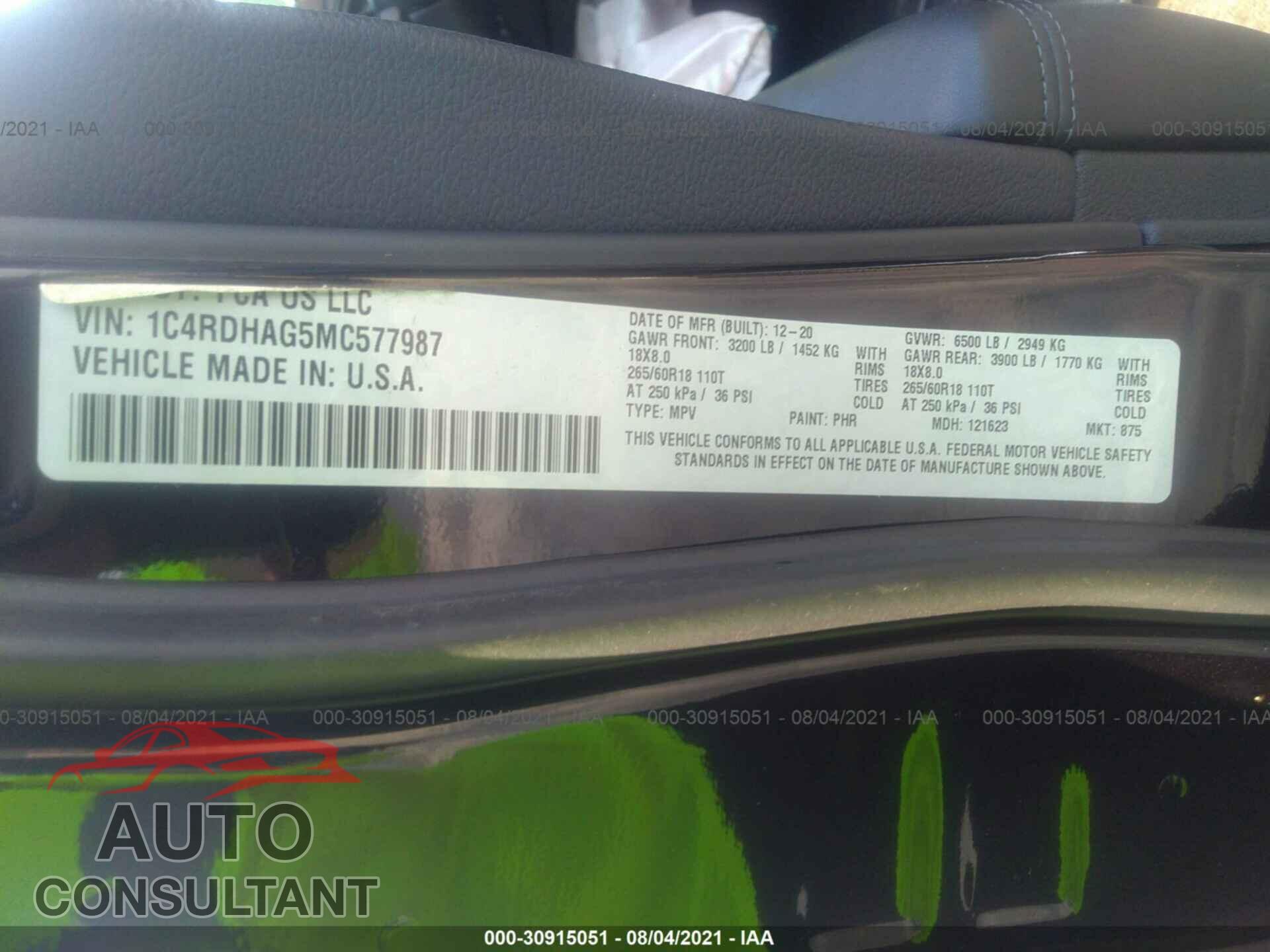 DODGE DURANGO 2021 - 1C4RDHAG5MC577987