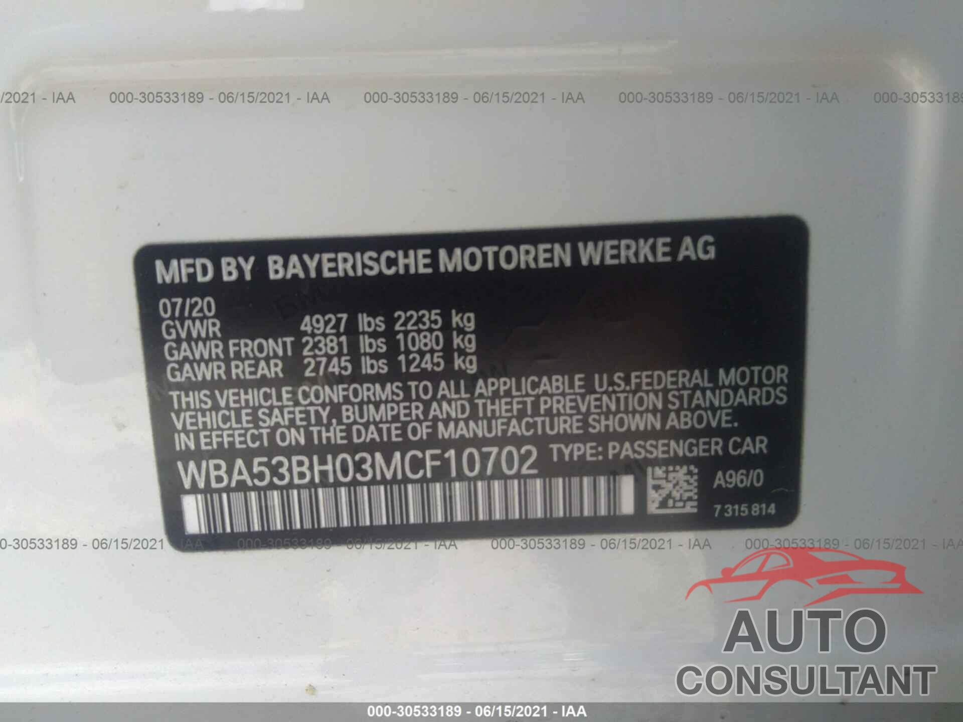 BMW 5 SERIES 2021 - WBA53BH03MCF10702