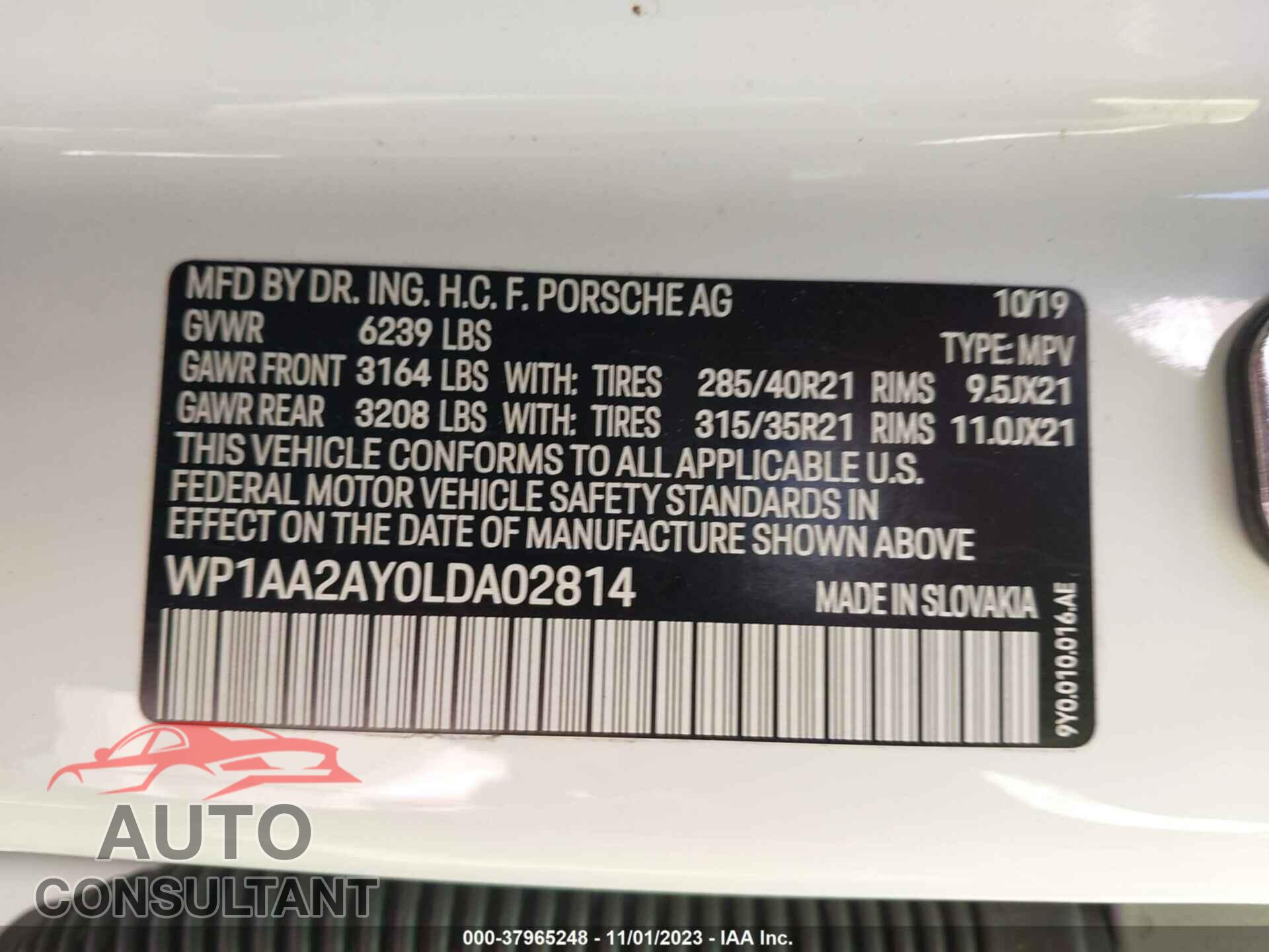 PORSCHE CAYENNE 2020 - WP1AA2AY0LDA02814