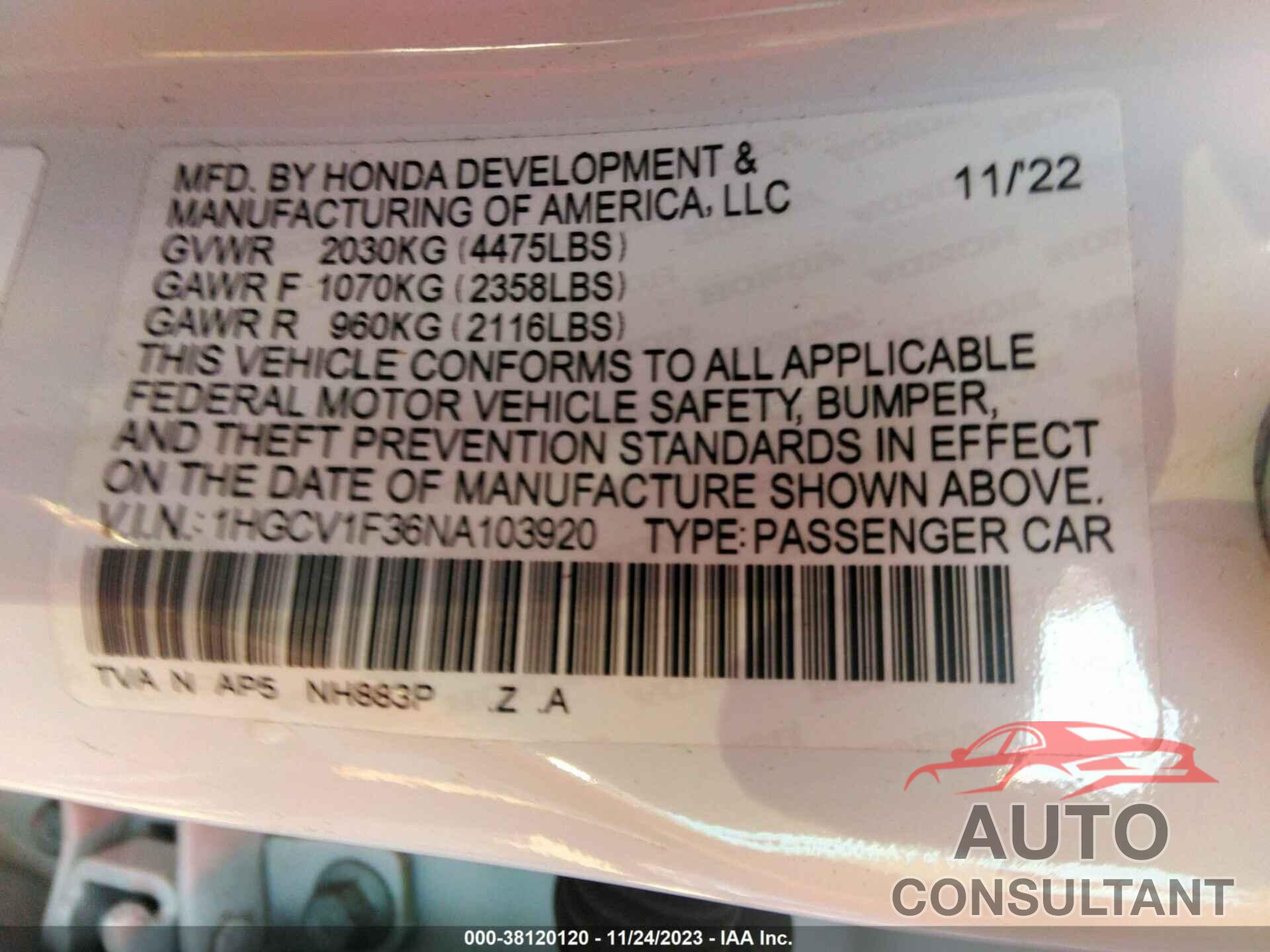 HONDA ACCORD 2022 - 1HGCV1F36NA103920