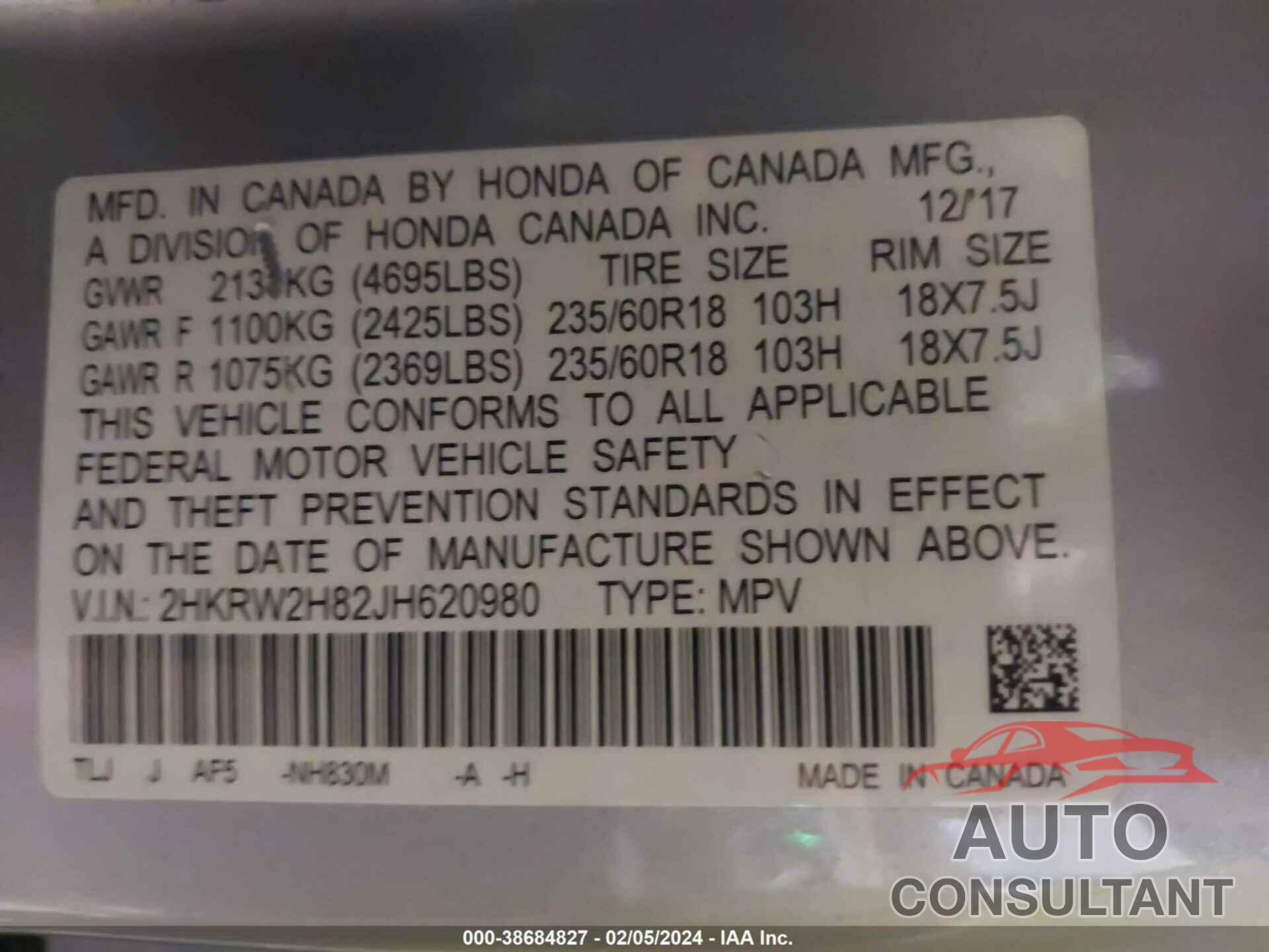 HONDA CR-V 2018 - 2HKRW2H82JH620980