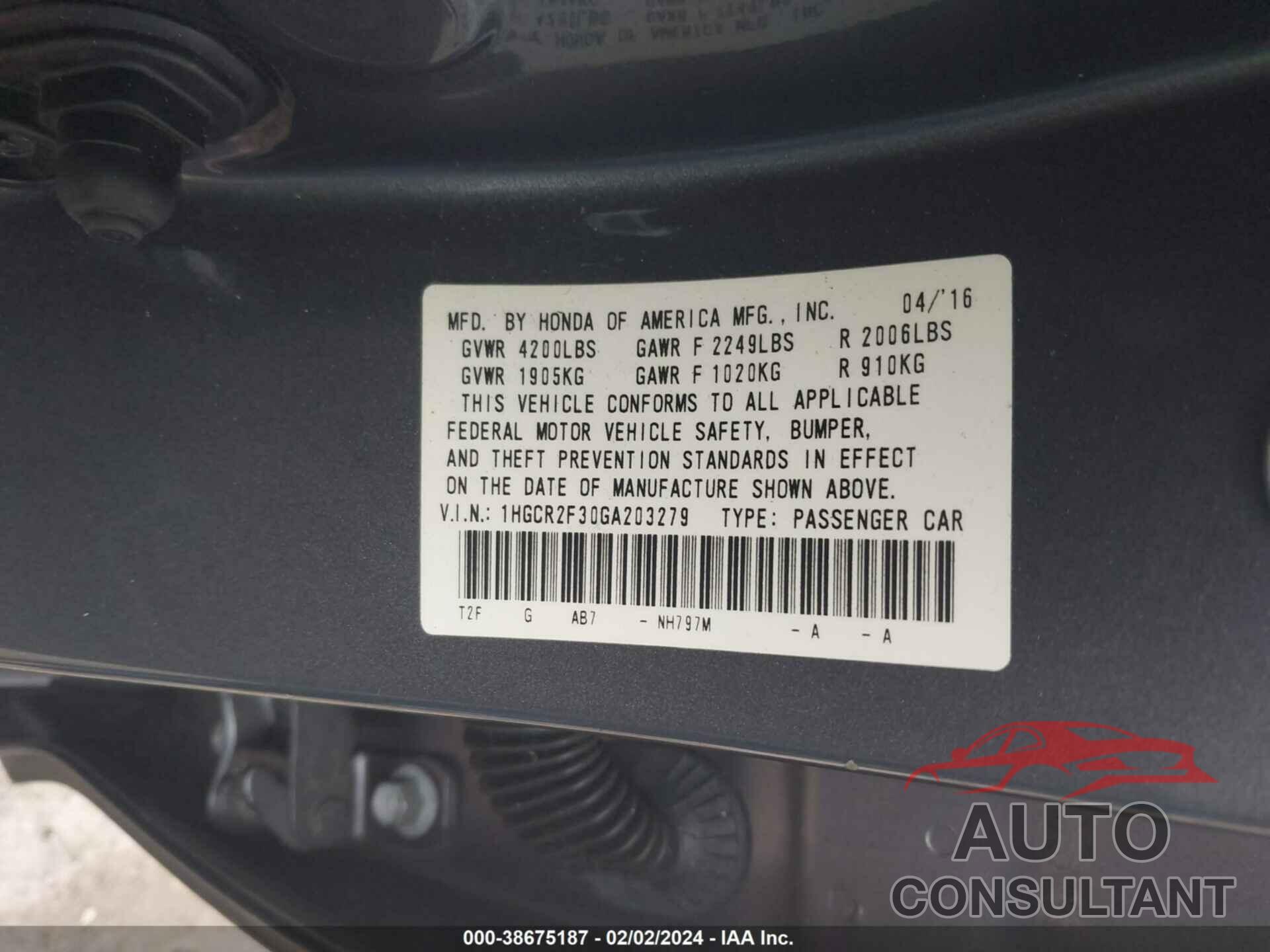 HONDA ACCORD 2016 - 1HGCR2F30GA203279