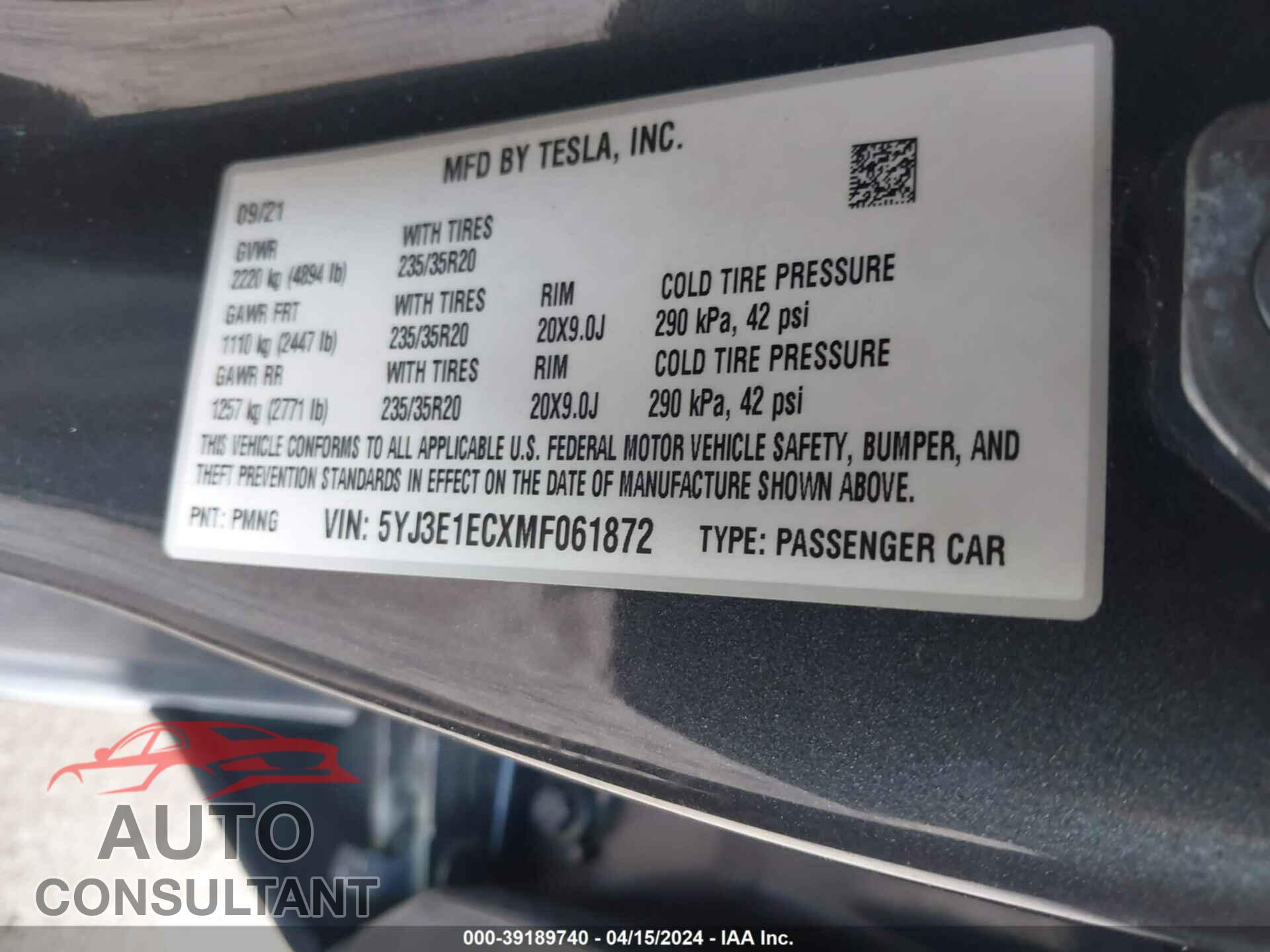 TESLA MODEL 3 2021 - 5YJ3E1ECXMF061872