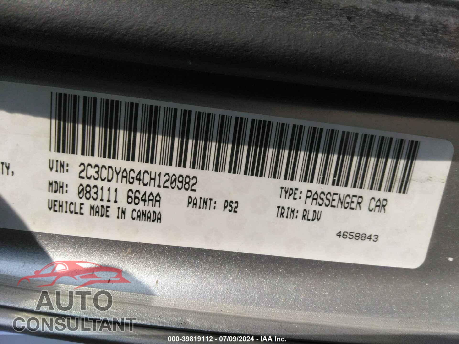 DODGE CHALLENGER 2012 - 2C3CDYAG4CH120982