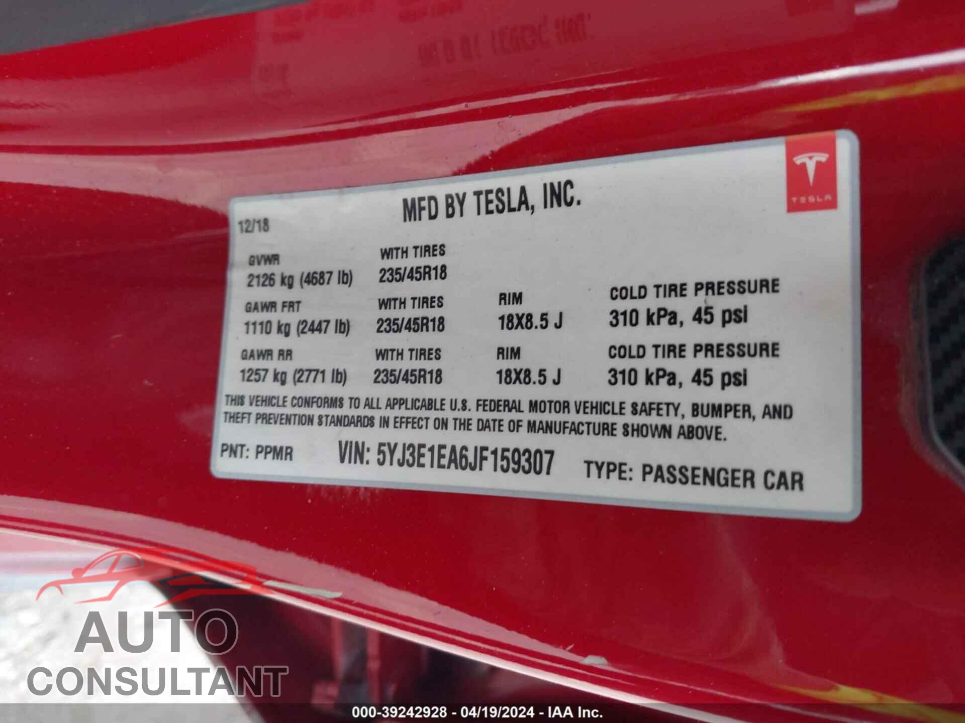TESLA MODEL 3 2018 - 5YJ3E1EA6JF159307
