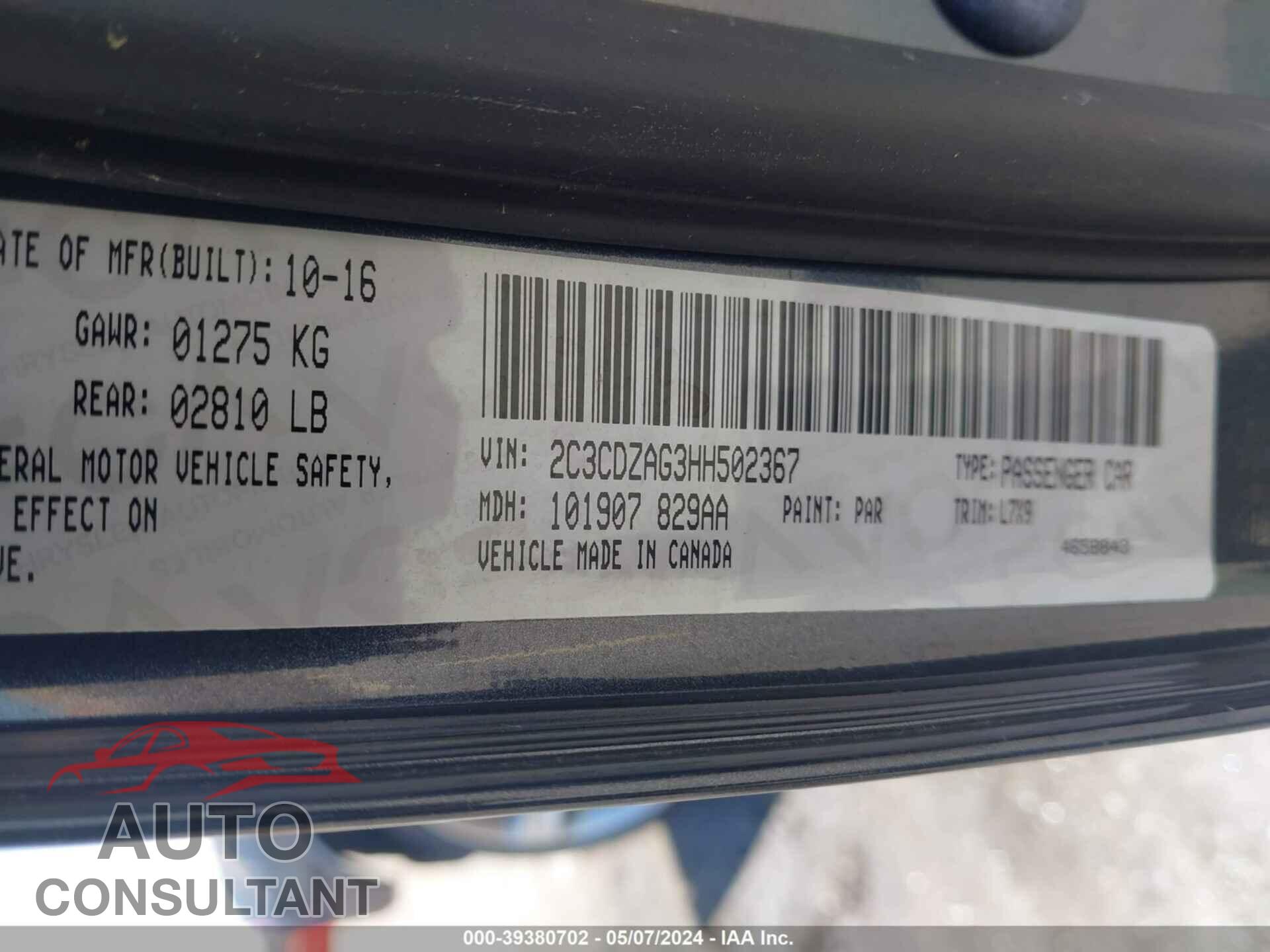 DODGE CHALLENGER 2017 - 2C3CDZAG3HH502367