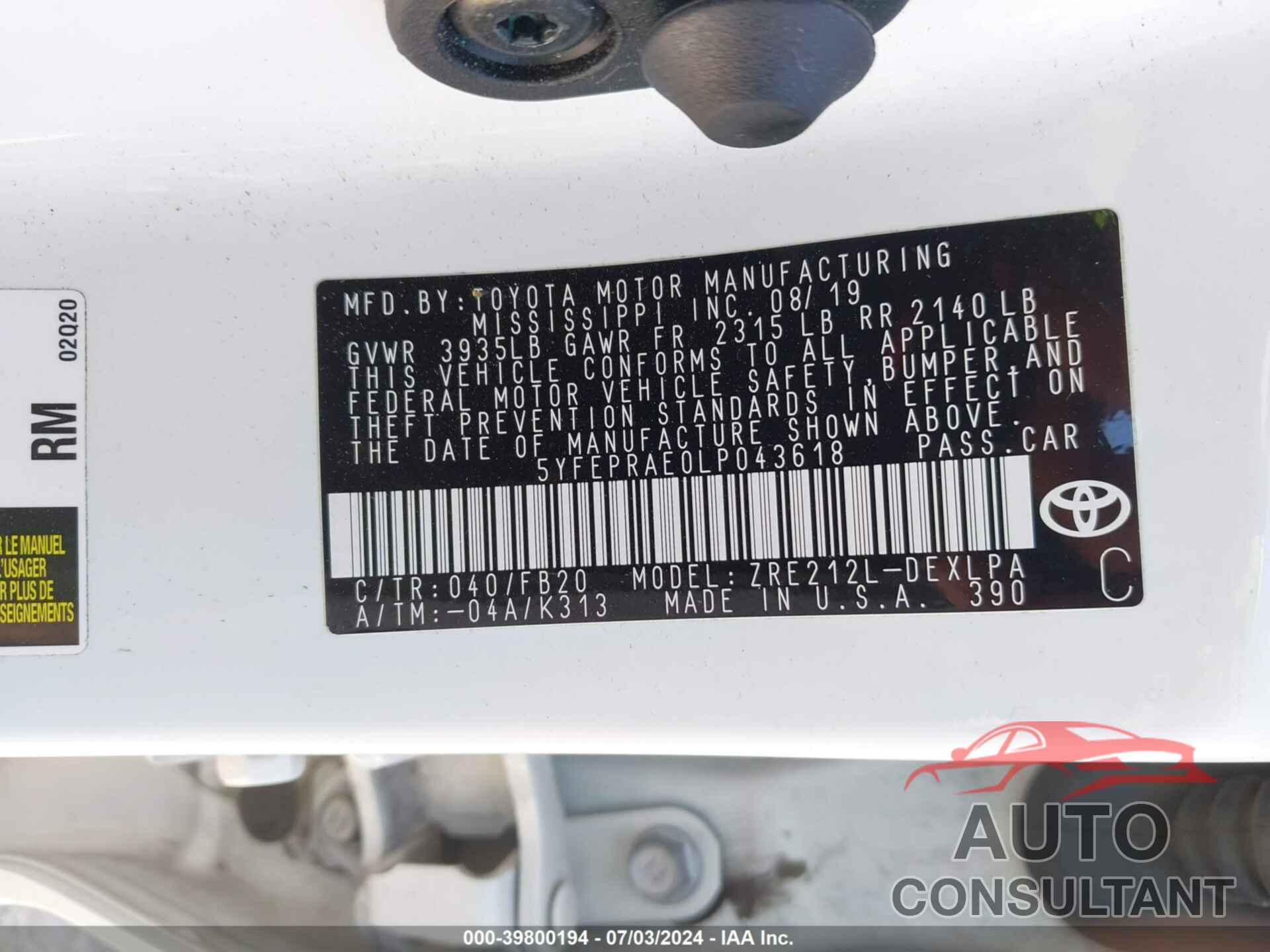 TOYOTA COROLLA 2020 - 5YFEPRAE0LP043618