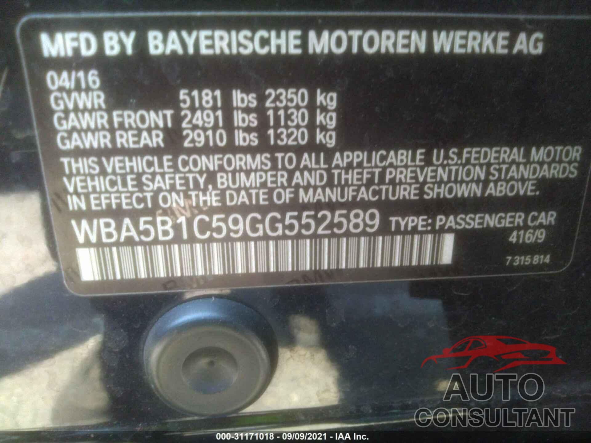 BMW 5 SERIES 2016 - WBA5B1C59GG552589
