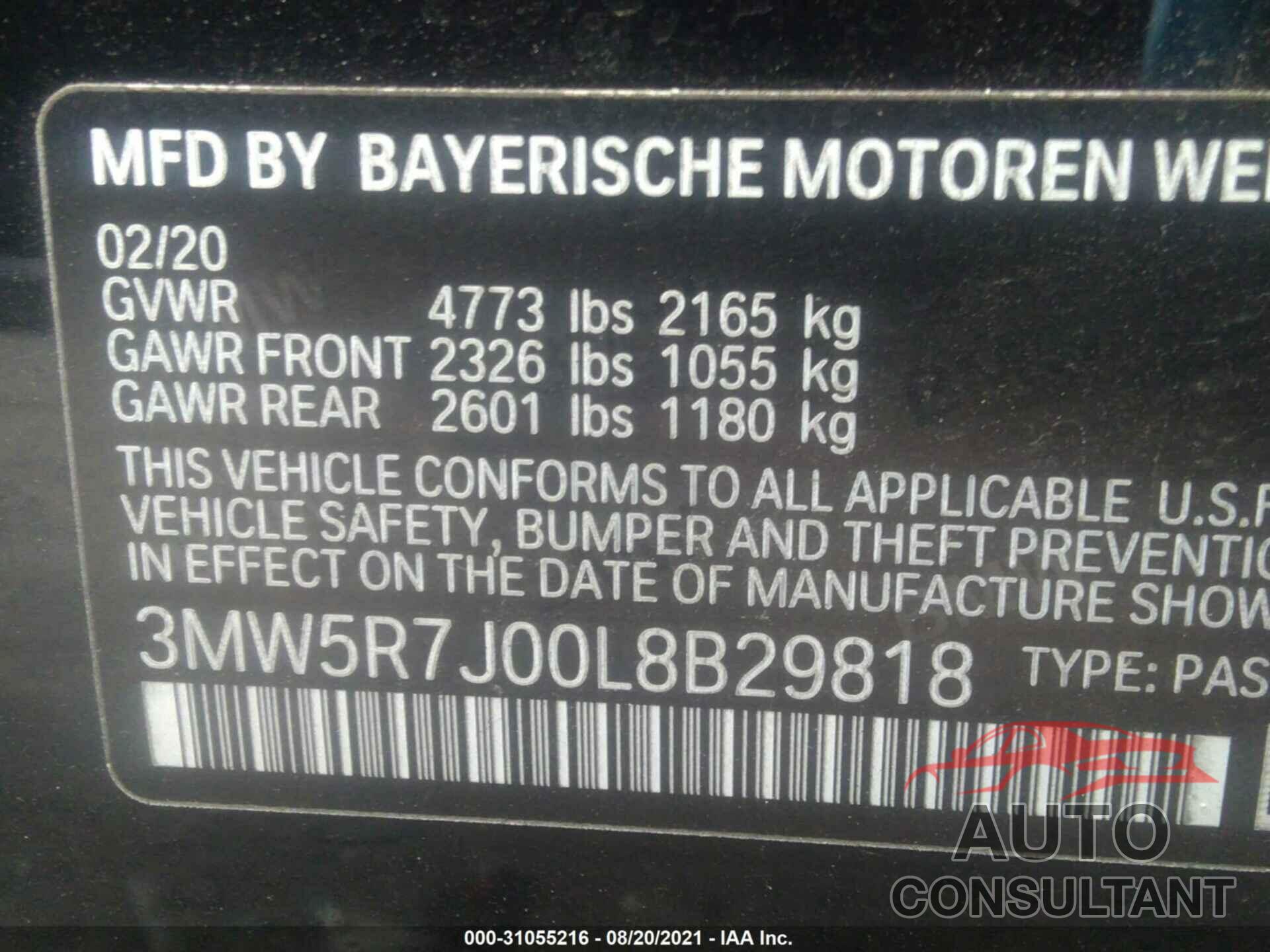 BMW 3 SERIES 2020 - 3MW5R7J00L8B29818