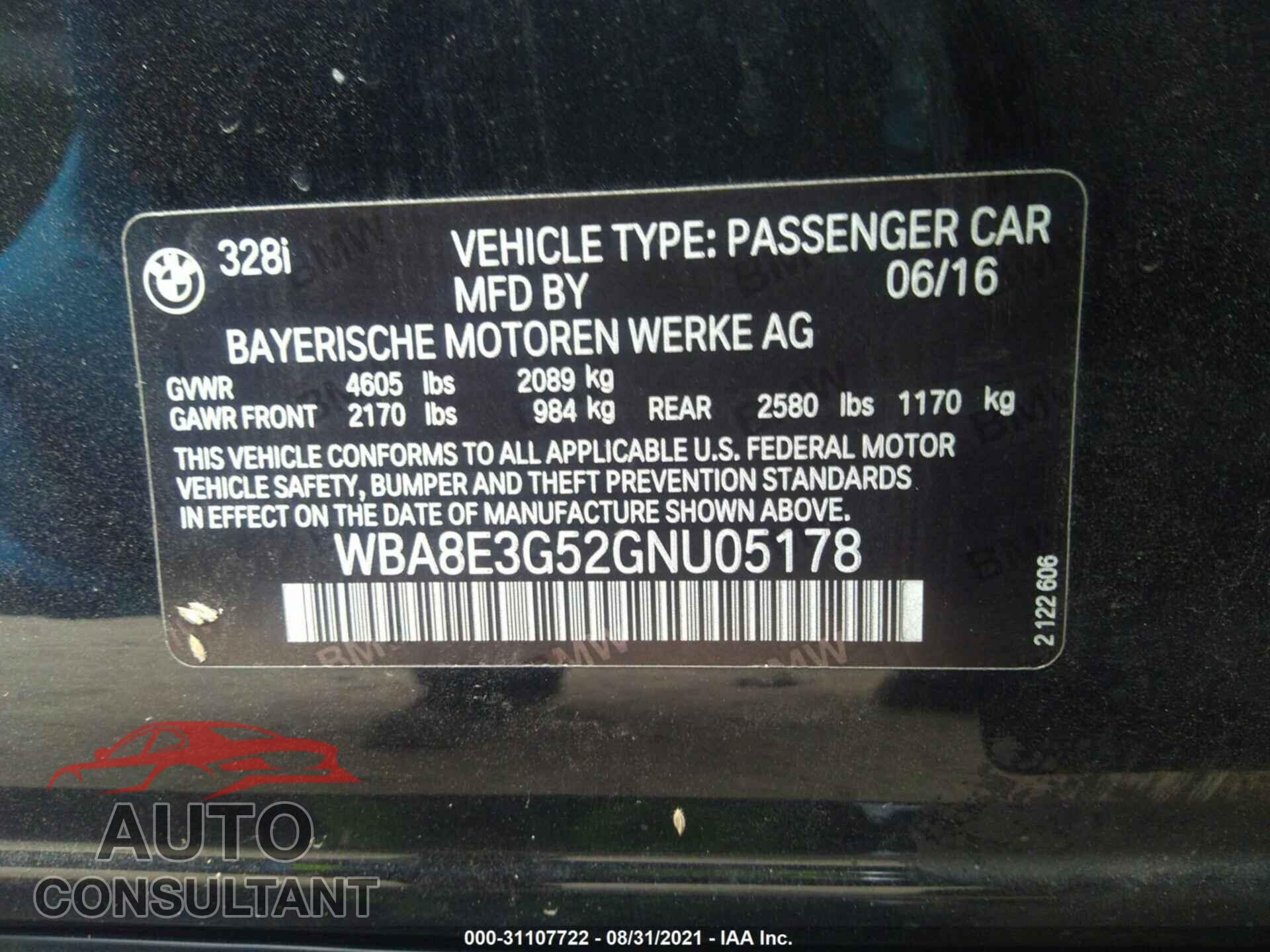 BMW 3 SERIES 2016 - WBA8E3G52GNU05178