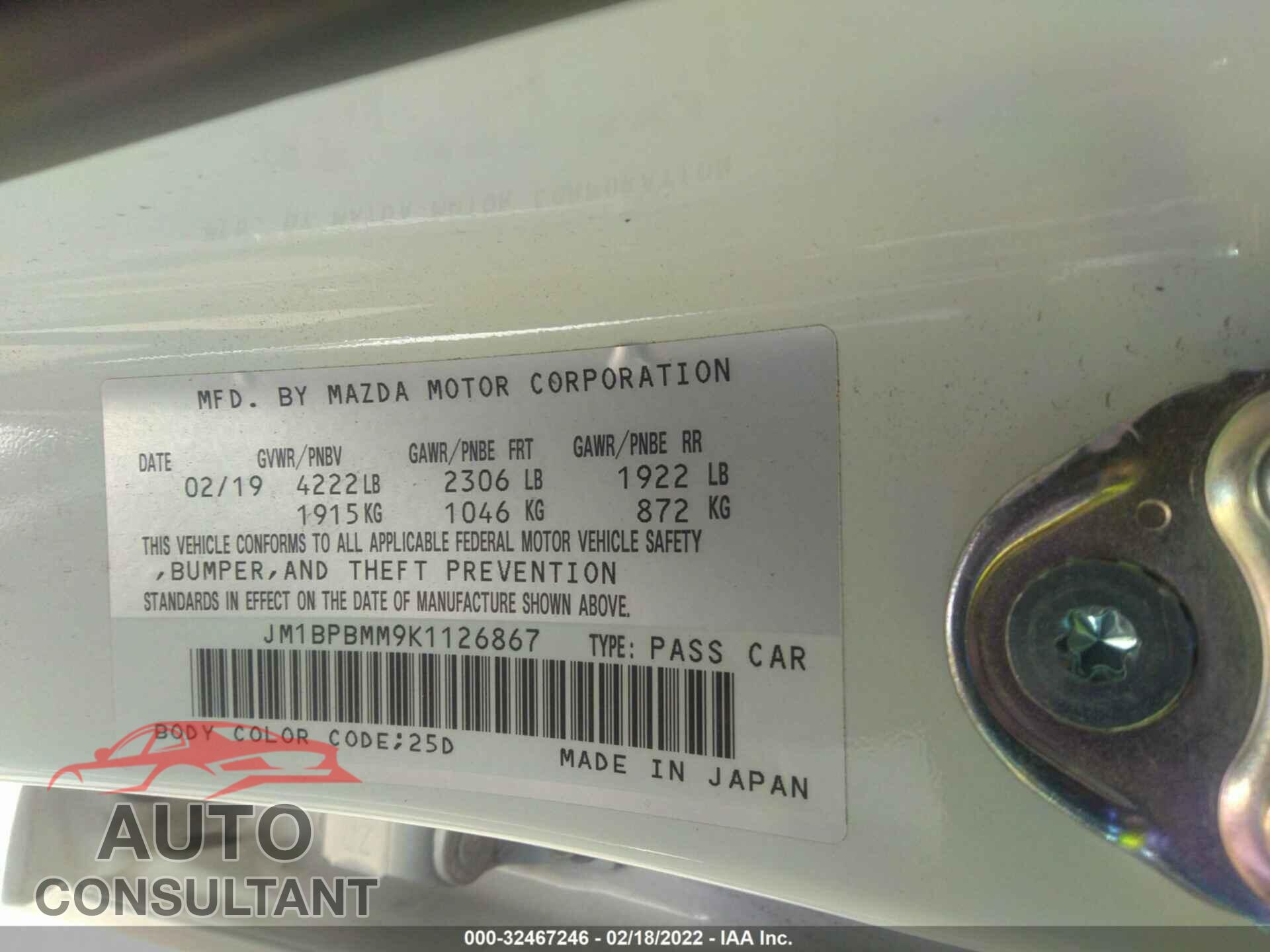 MAZDA MAZDA3 HATCHBACK 2019 - JM1BPBMM9K1126867