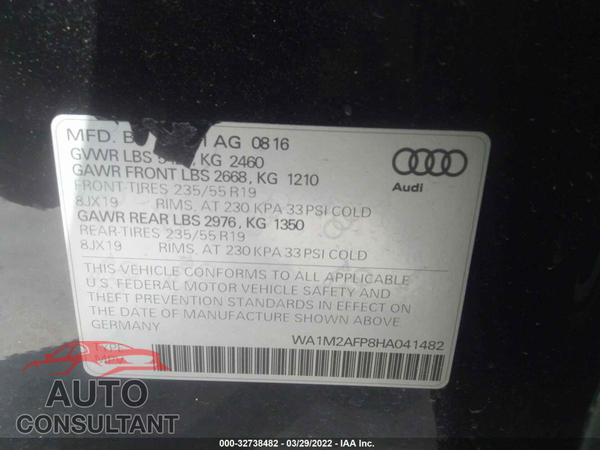 AUDI Q5 2017 - WA1M2AFP8HA041482