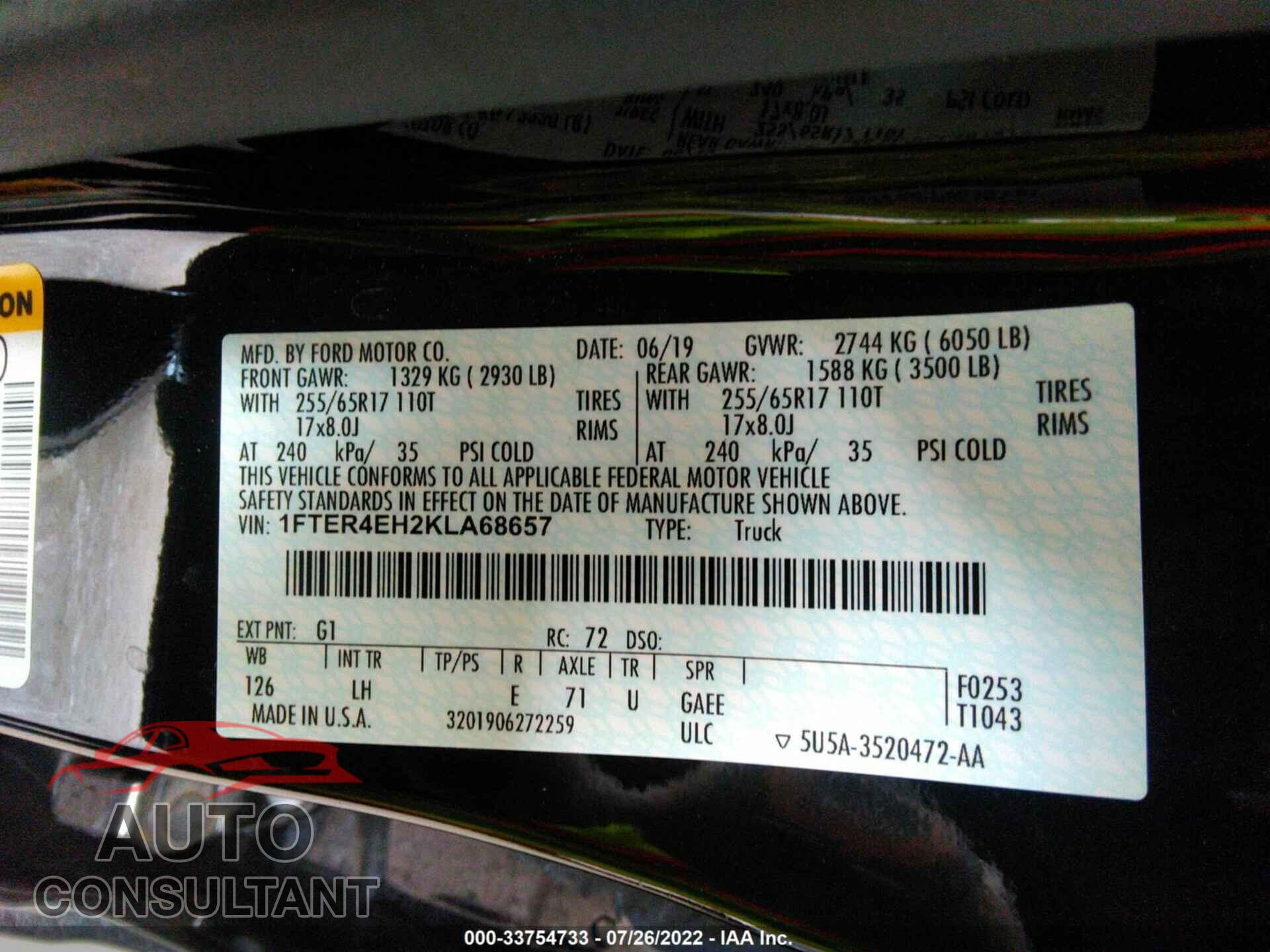 FORD RANGER 2019 - 1FTER4EH2KLA68657