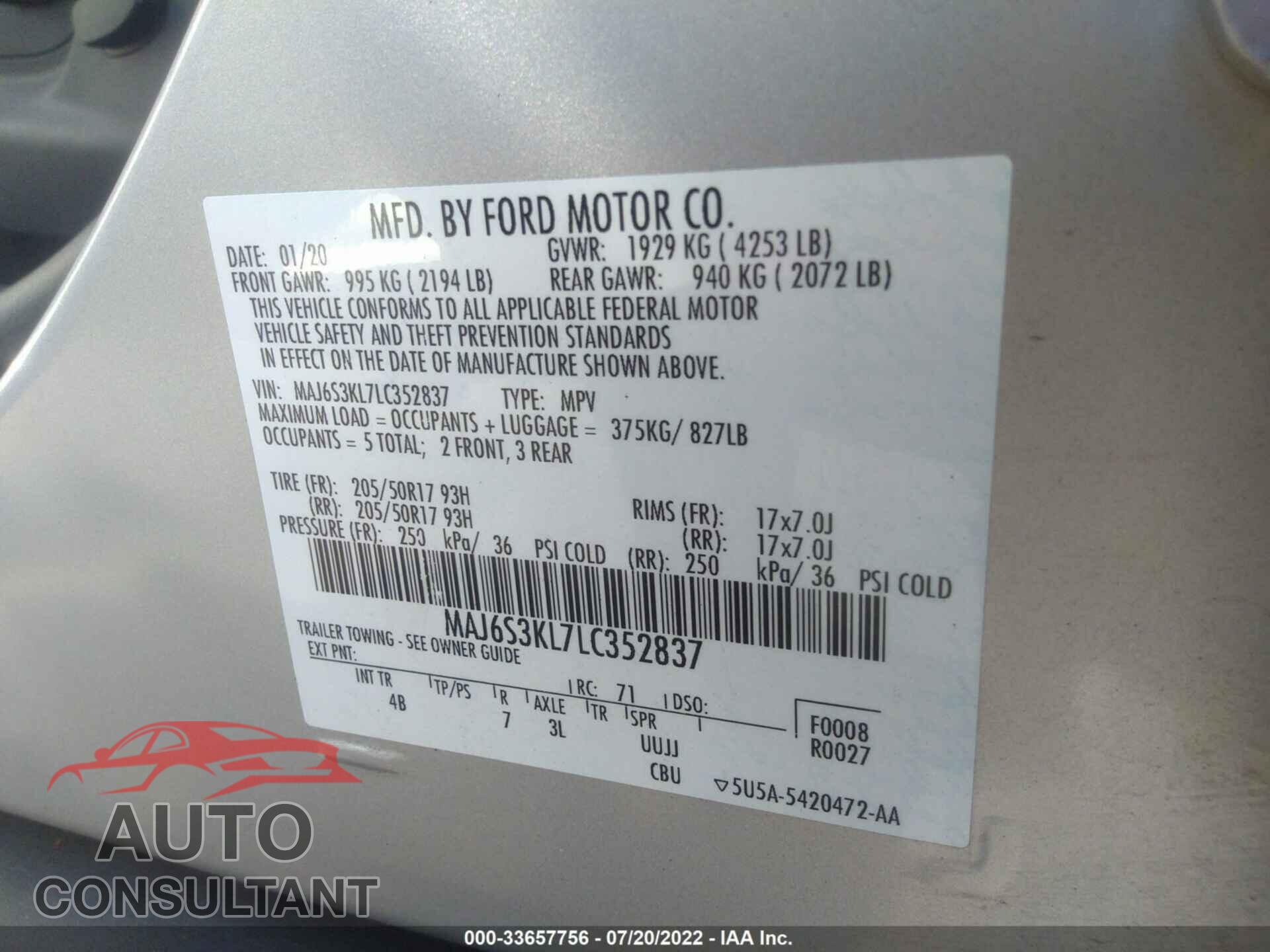 FORD ECOSPORT 2020 - MAJ6S3KL7LC352837