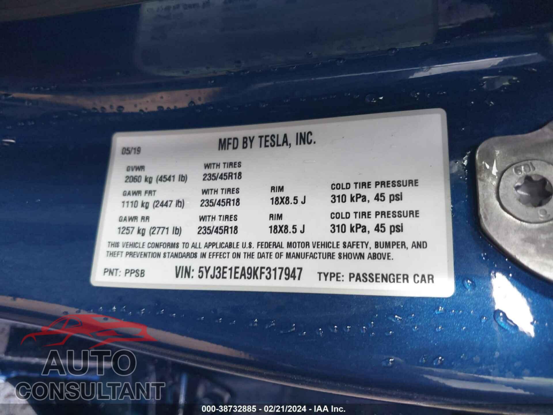TESLA MODEL 3 2019 - 5YJ3E1EA9KF317947