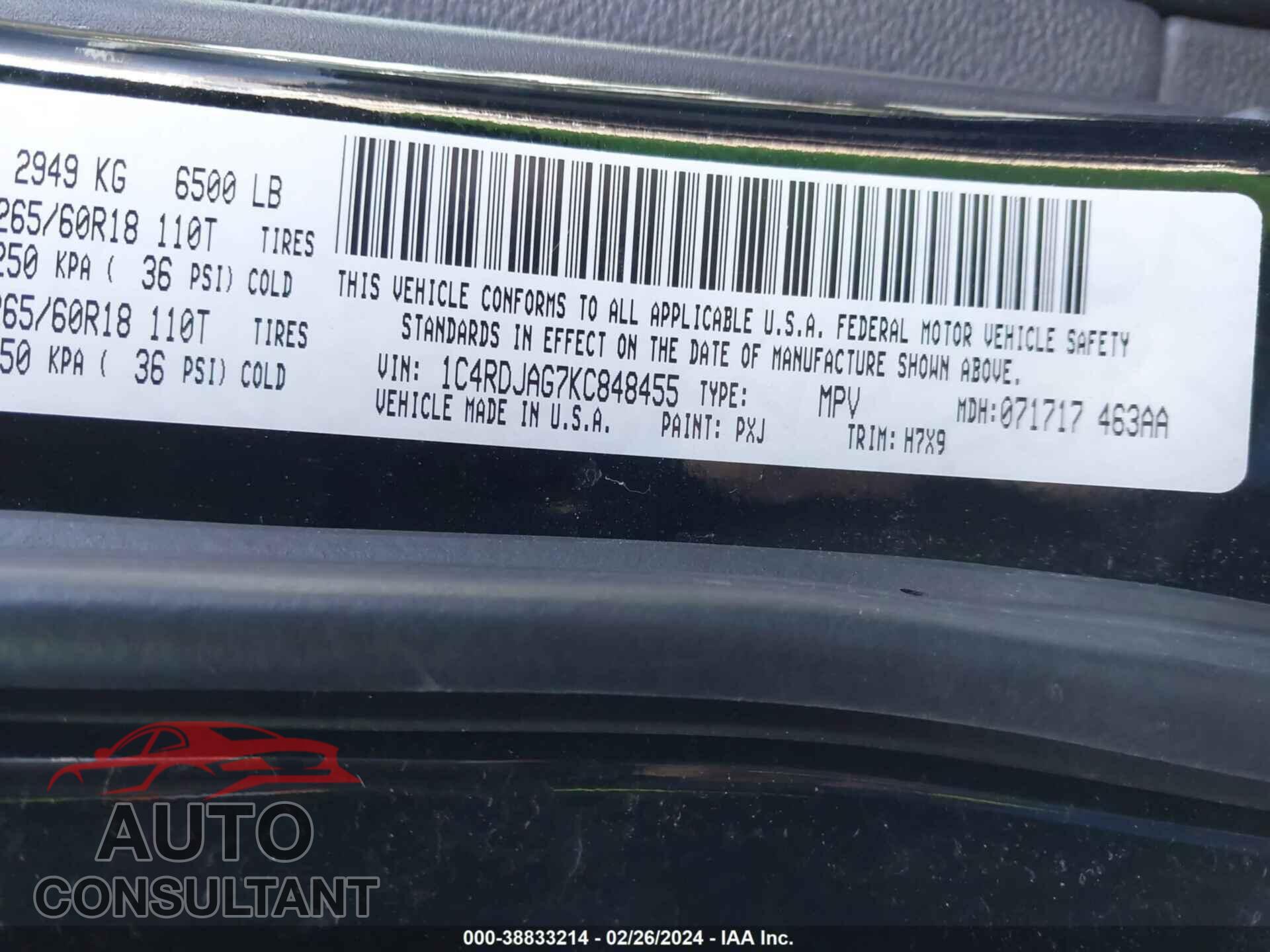 DODGE DURANGO 2019 - 1C4RDJAG7KC848455