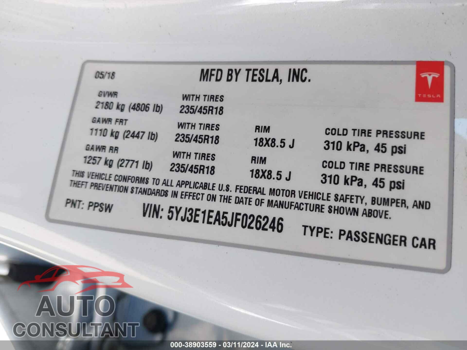 TESLA MODEL 3 2018 - 5YJ3E1EA5JF026246