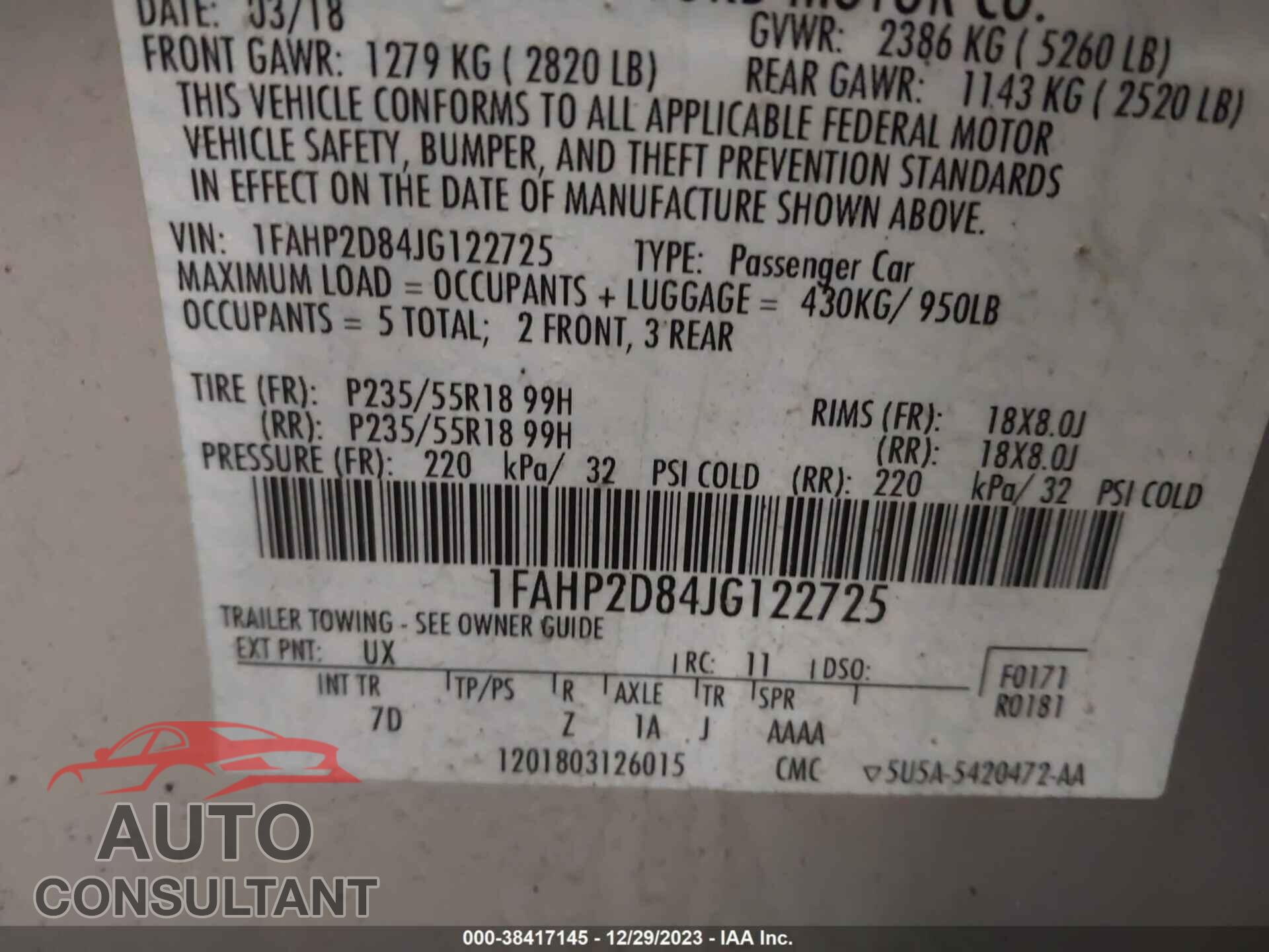 FORD TAURUS 2018 - 1FAHP2D84JG122725