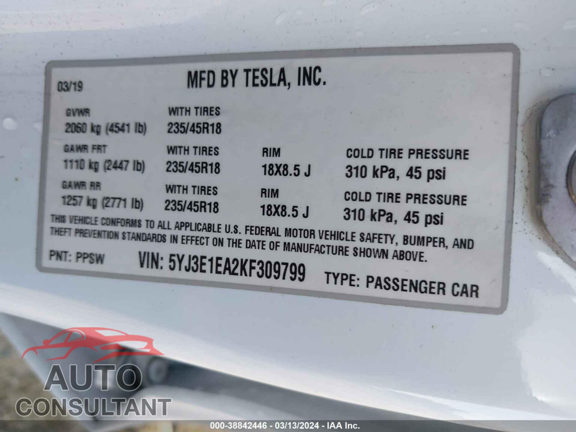TESLA MODEL 3 2019 - 5YJ3E1EA2KF309799