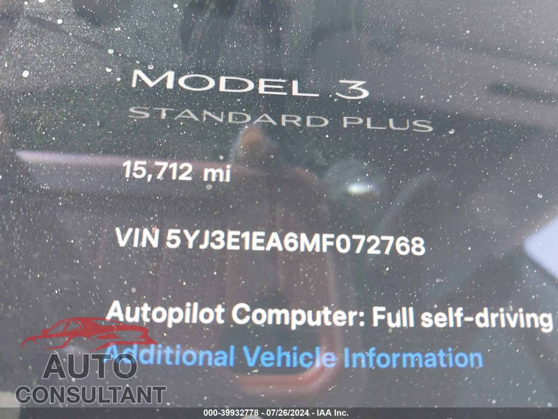 TESLA MODEL 3 2021 - 5YJ3E1EA6MF072768