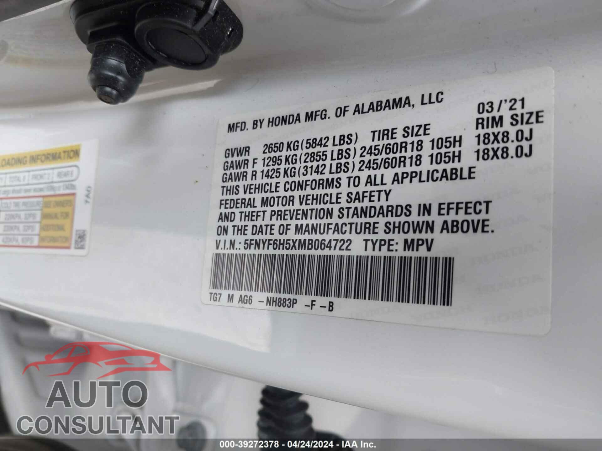 HONDA PILOT 2021 - 5FNYF6H5XMB064722