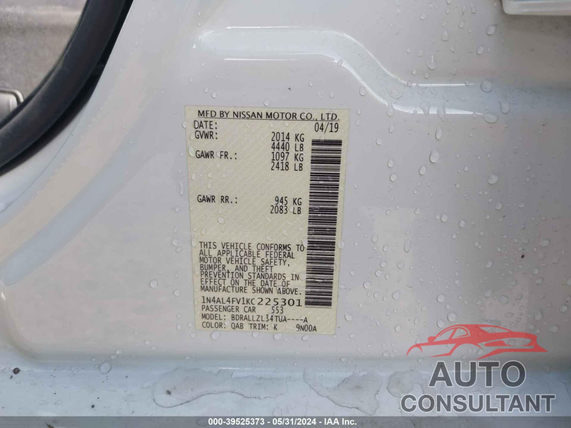 NISSAN ALTIMA 2019 - 1N4AL4FV1KC225301