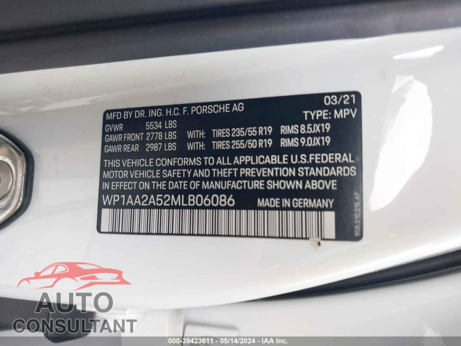 PORSCHE MACAN 2021 - WP1AA2A52MLB06086