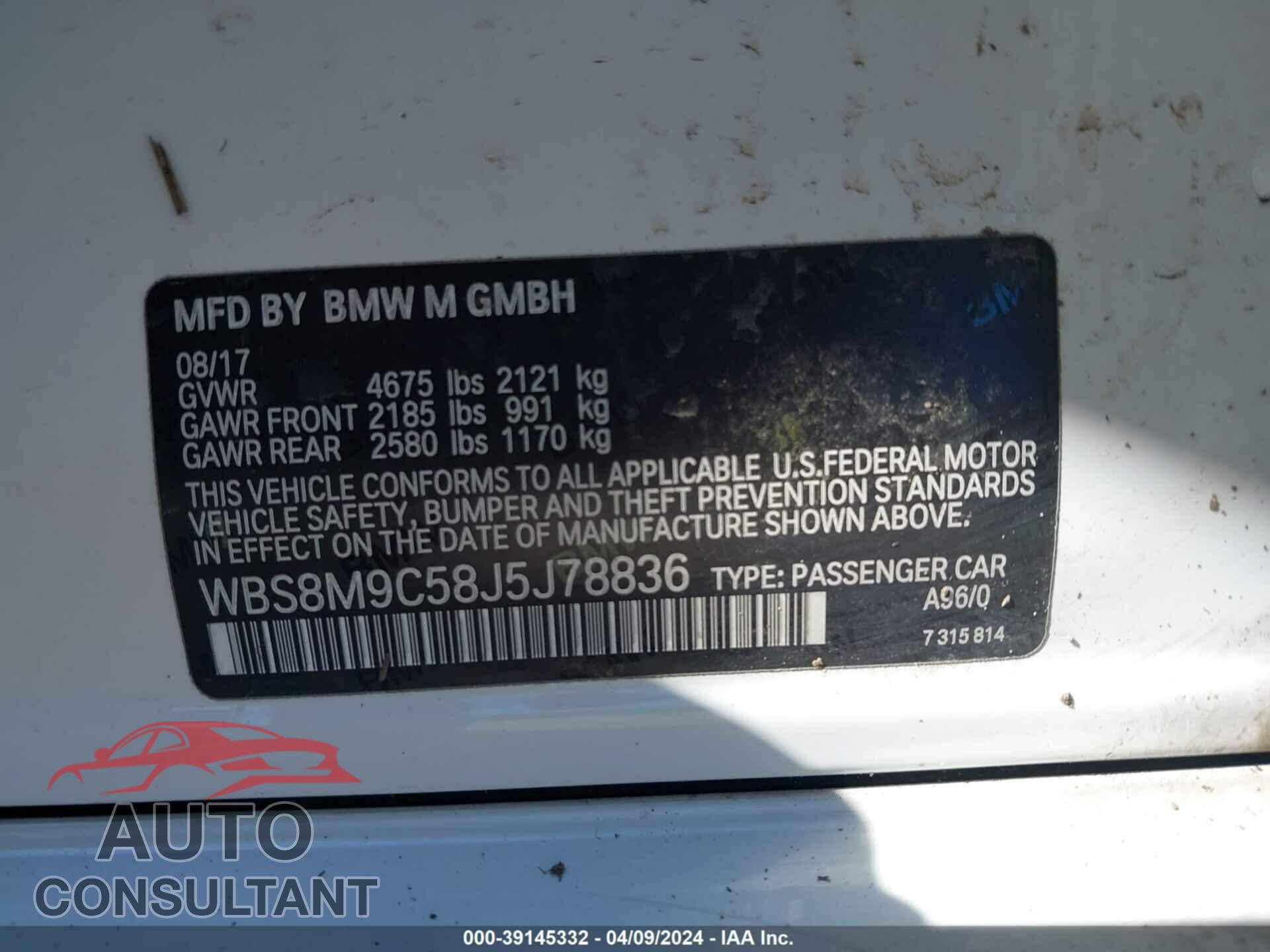 BMW M3 2018 - WBS8M9C58J5J78836