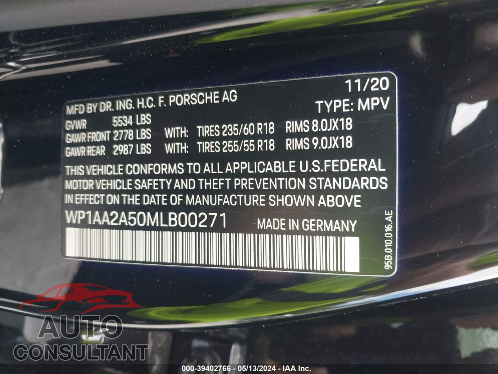 PORSCHE MACAN 2021 - WP1AA2A50MLB00271