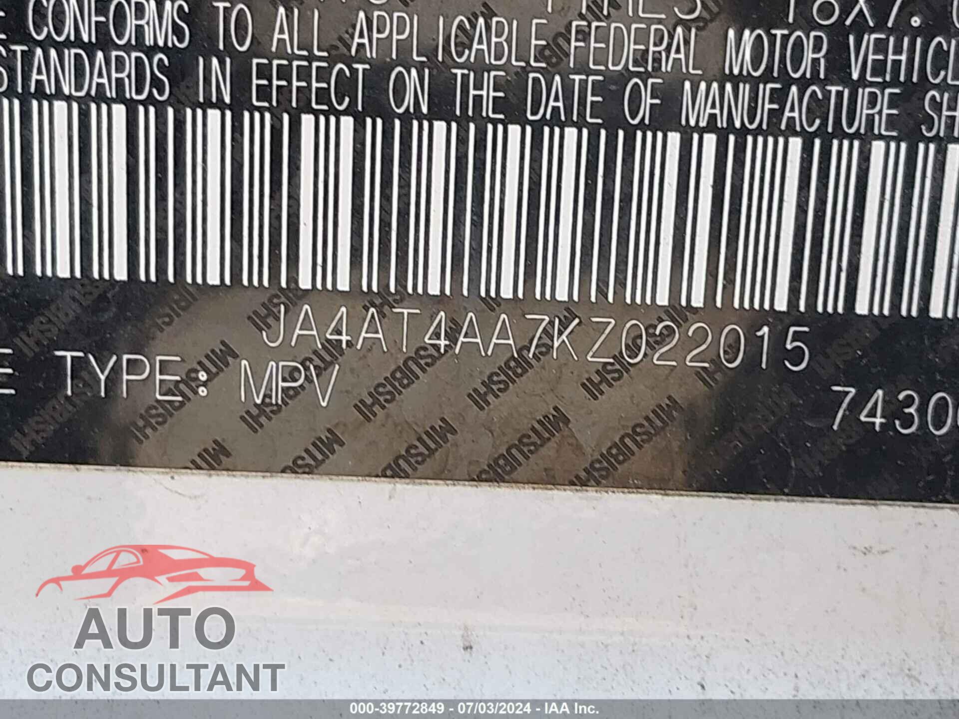 MITSUBISHI ECLIPSE CROSS 2019 - JA4AT4AA7KZ022015