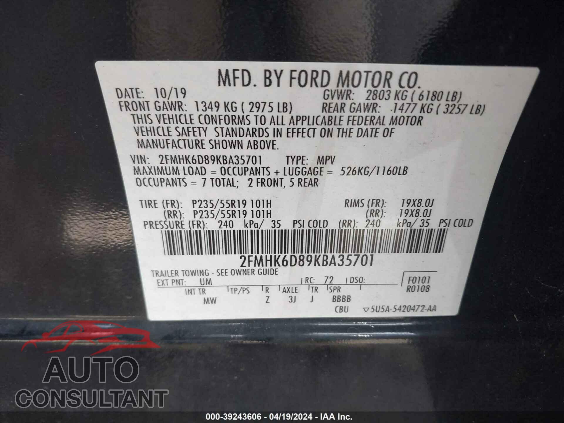 FORD FLEX 2019 - 2FMHK6D89KBA35701