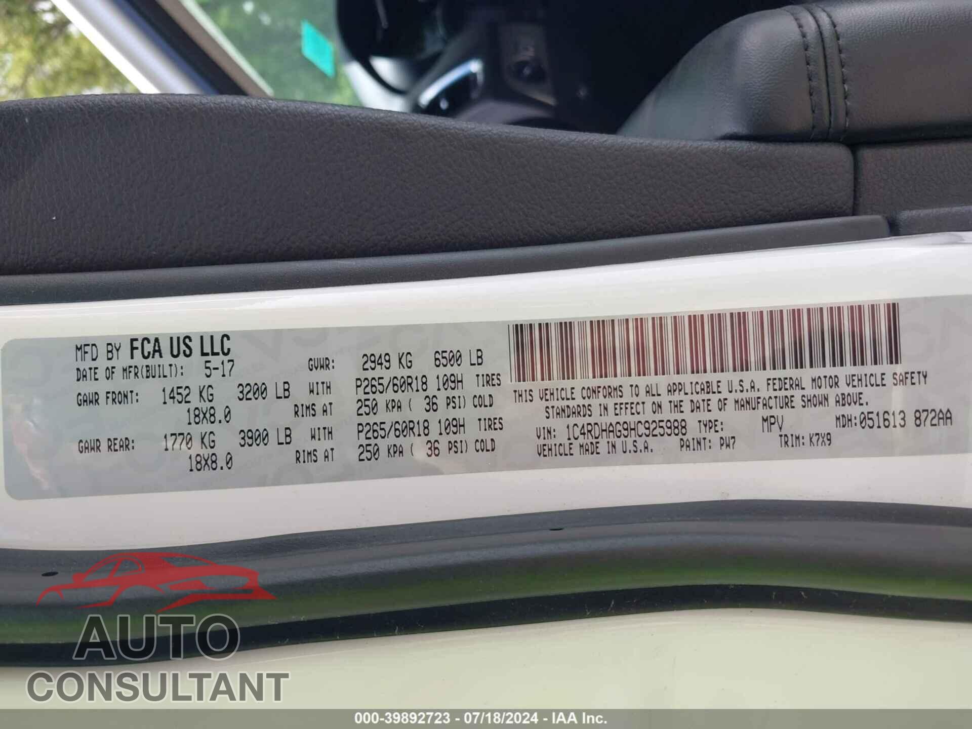 DODGE DURANGO 2017 - 1C4RDHAG9HC925988