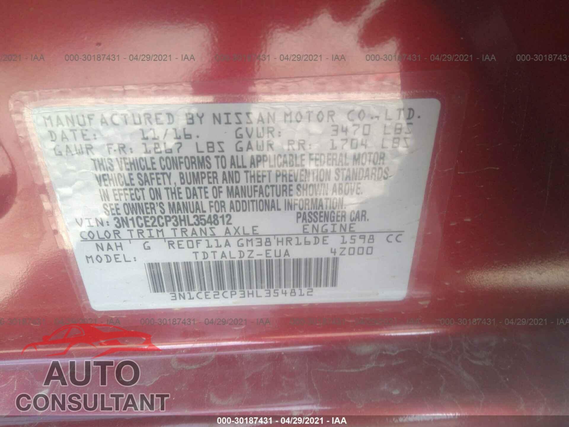 NISSAN VERSA NOTE 2017 - 3N1CE2CP3HL354812