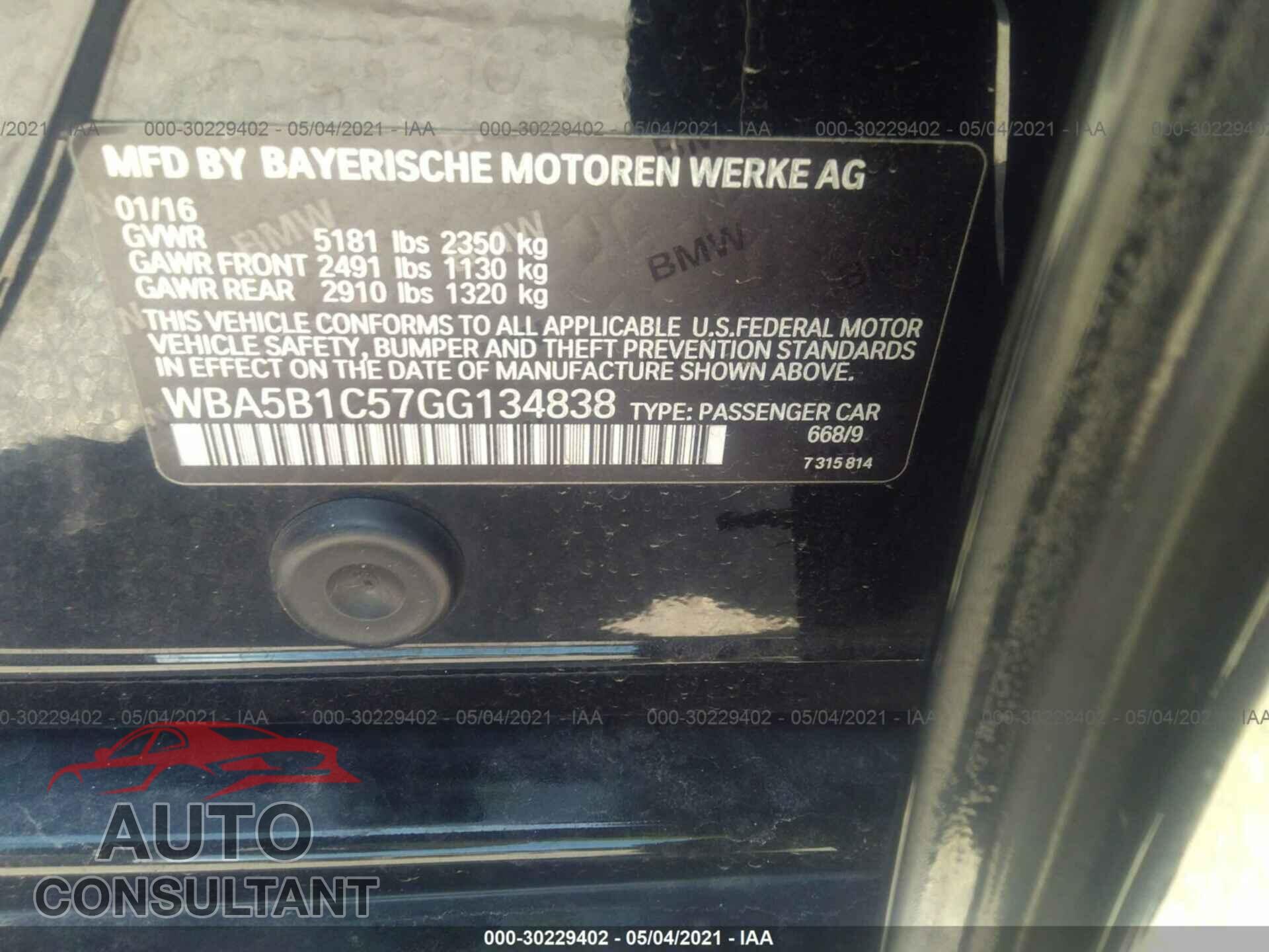 BMW 5 SERIES 2016 - WBA5B1C57GG134838