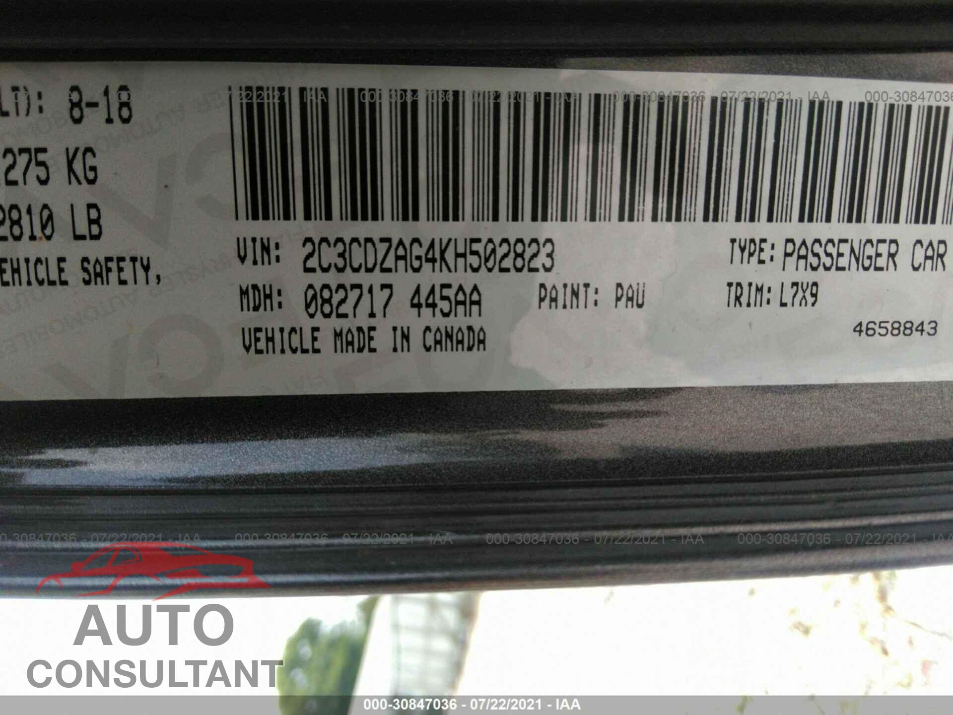 DODGE CHALLENGER 2019 - 2C3CDZAG4KH502823
