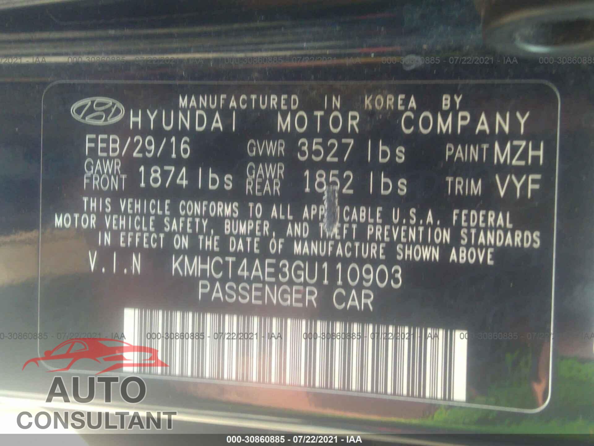 HYUNDAI ACCENT 2016 - KMHCT4AE3GU110903