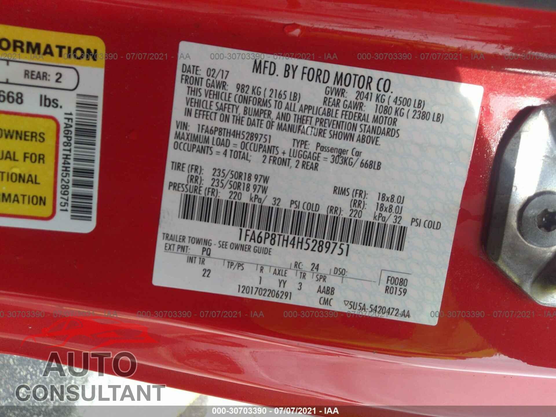 FORD MUSTANG 2017 - 1FA6P8TH4H5289751