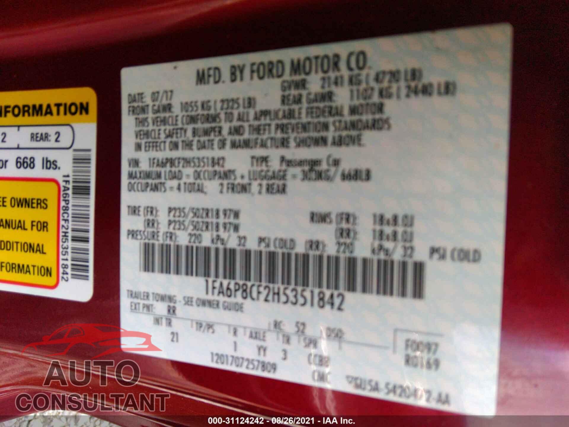 FORD MUSTANG 2017 - 1FA6P8CF2H5351842