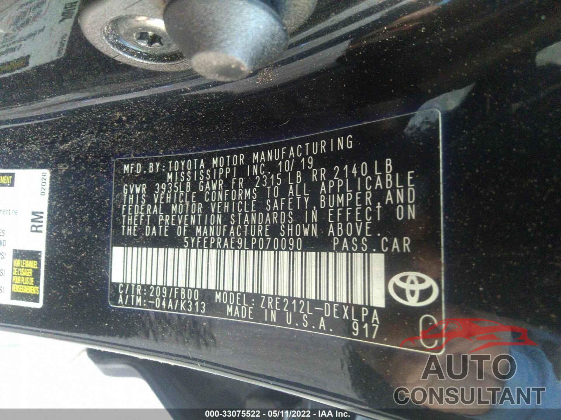 TOYOTA COROLLA 2020 - 5YFEPRAE9LP070090