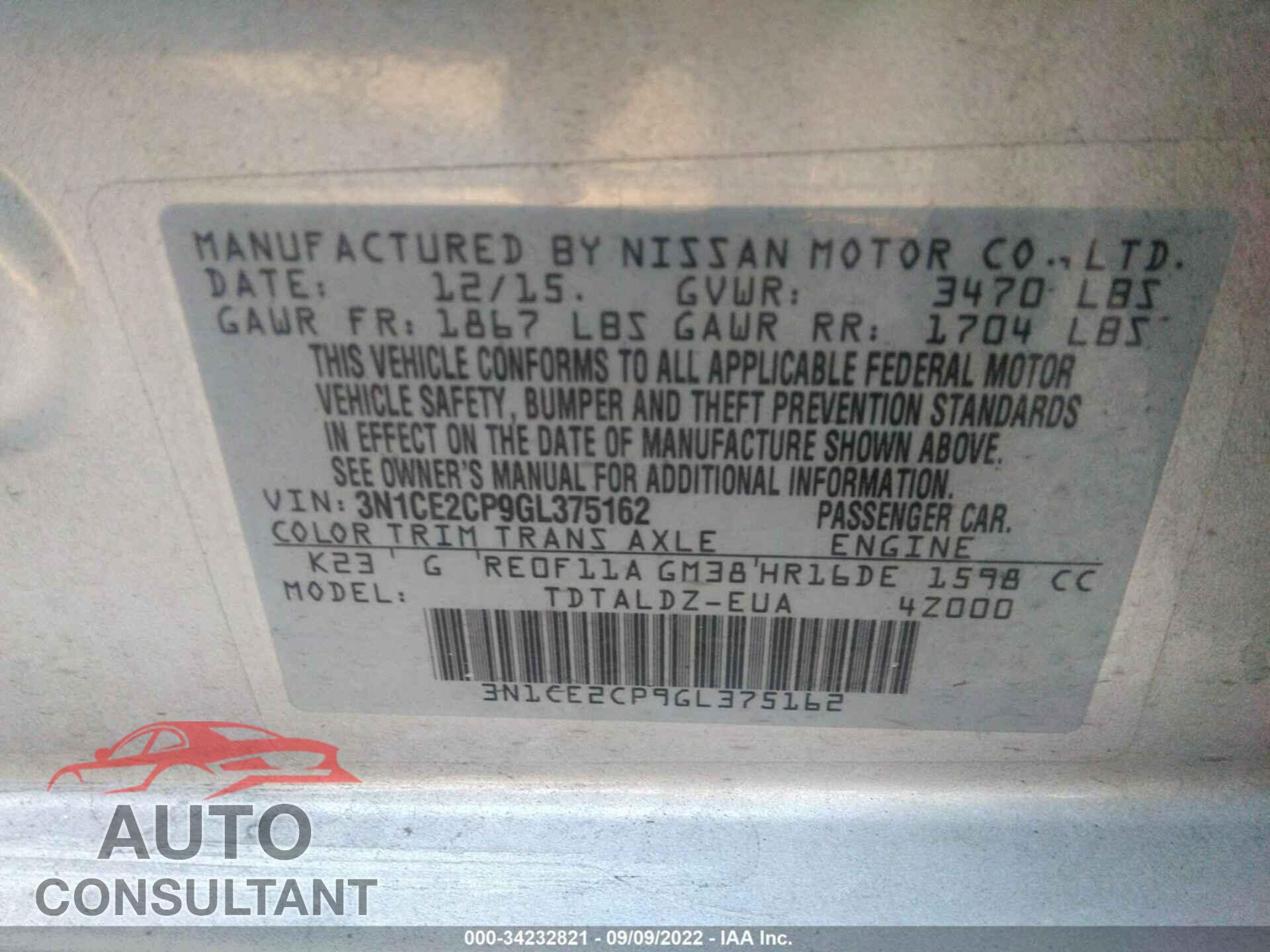 NISSAN VERSA NOTE 2016 - 3N1CE2CP9GL375162