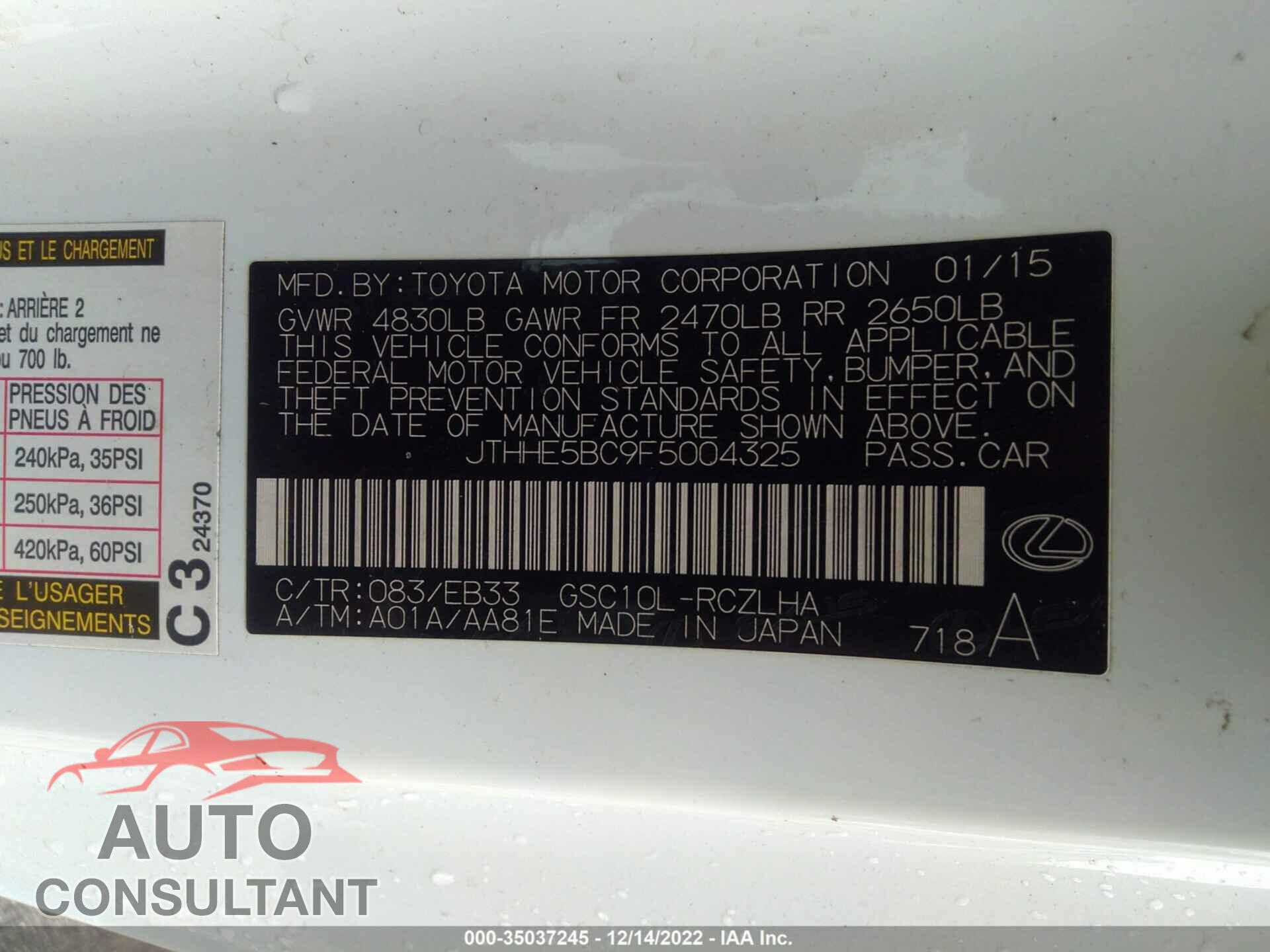 LEXUS RC 350 2015 - JTHHE5BC9F5004325
