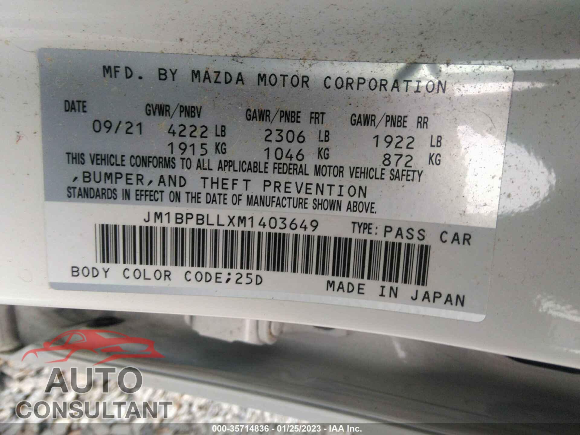 MAZDA MAZDA3 HATCHBACK 2021 - JM1BPBLLXM1403649