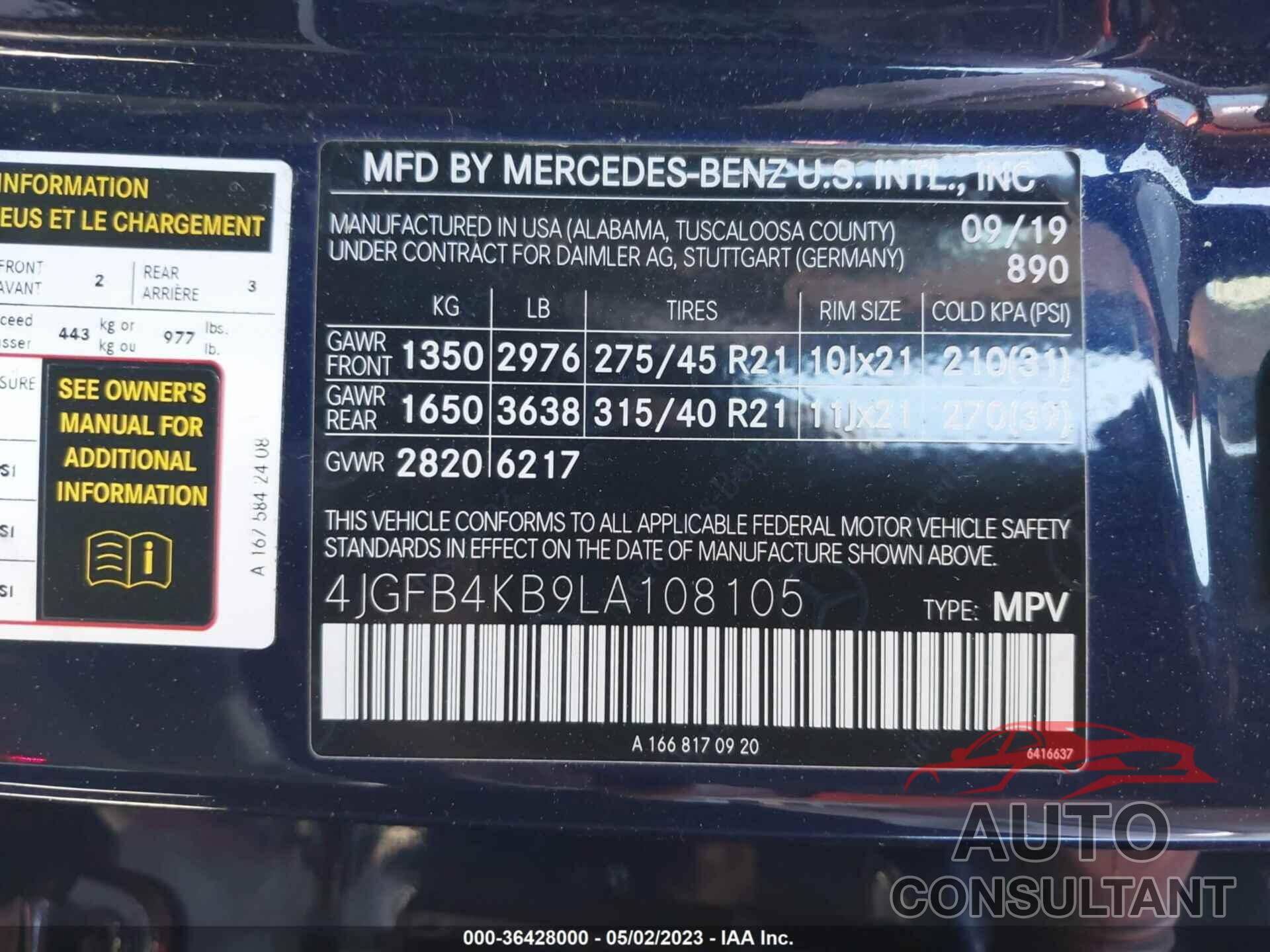 MERCEDES-BENZ GLE 2020 - 4JGFB4KB9LA108105