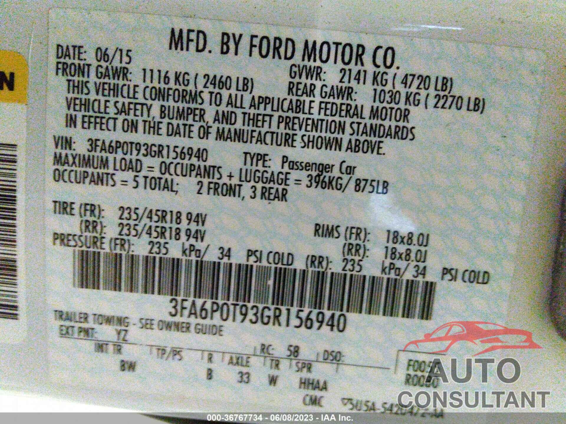 FORD FUSION 2016 - 3FA6P0T93GR156940