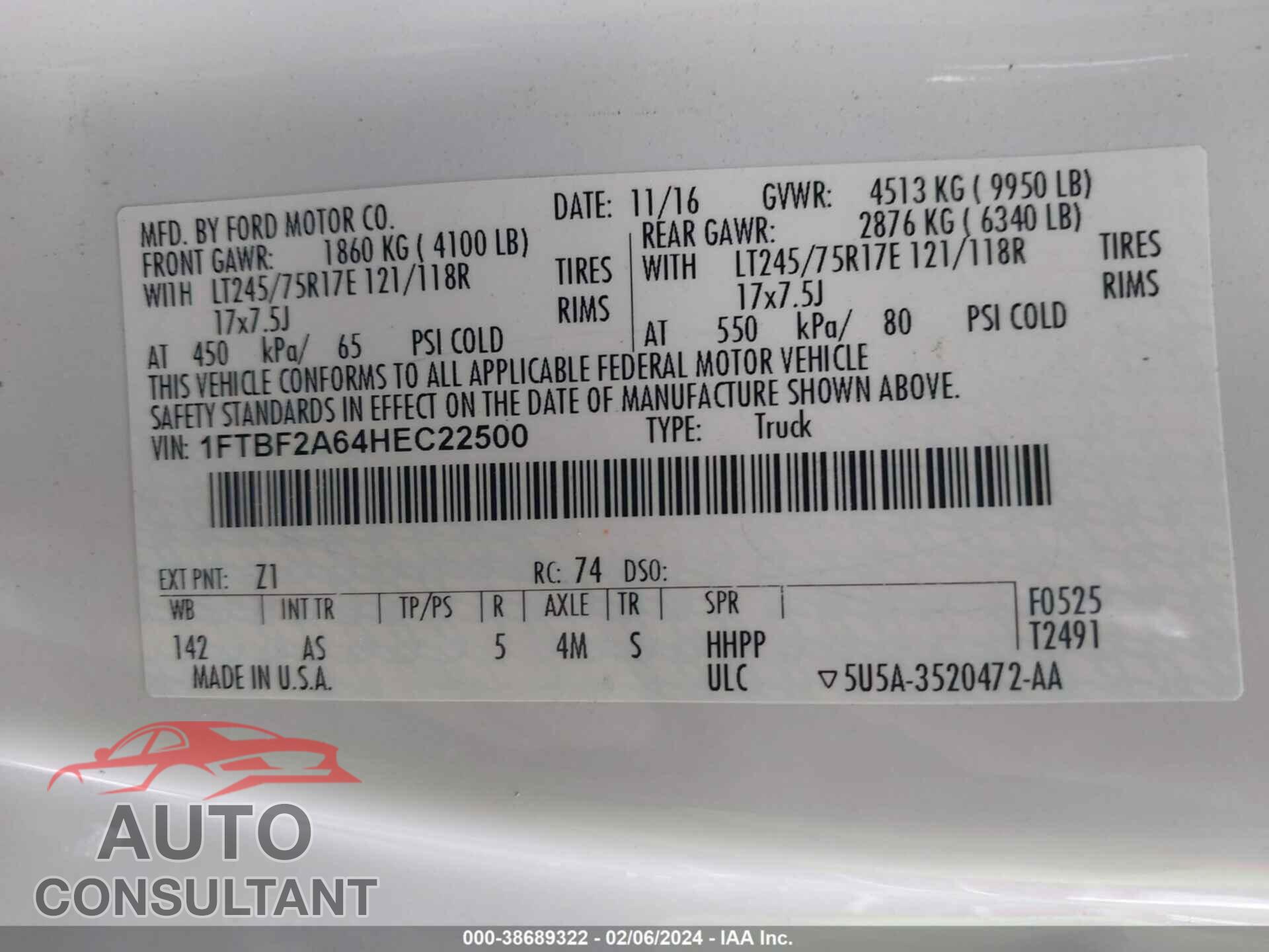 FORD F250 2017 - 1FTBF2A64HEC22500