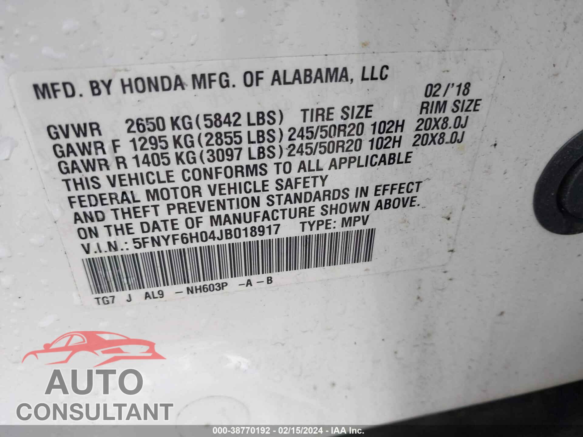 HONDA PILOT 2018 - 5FNYF6H04JB018917