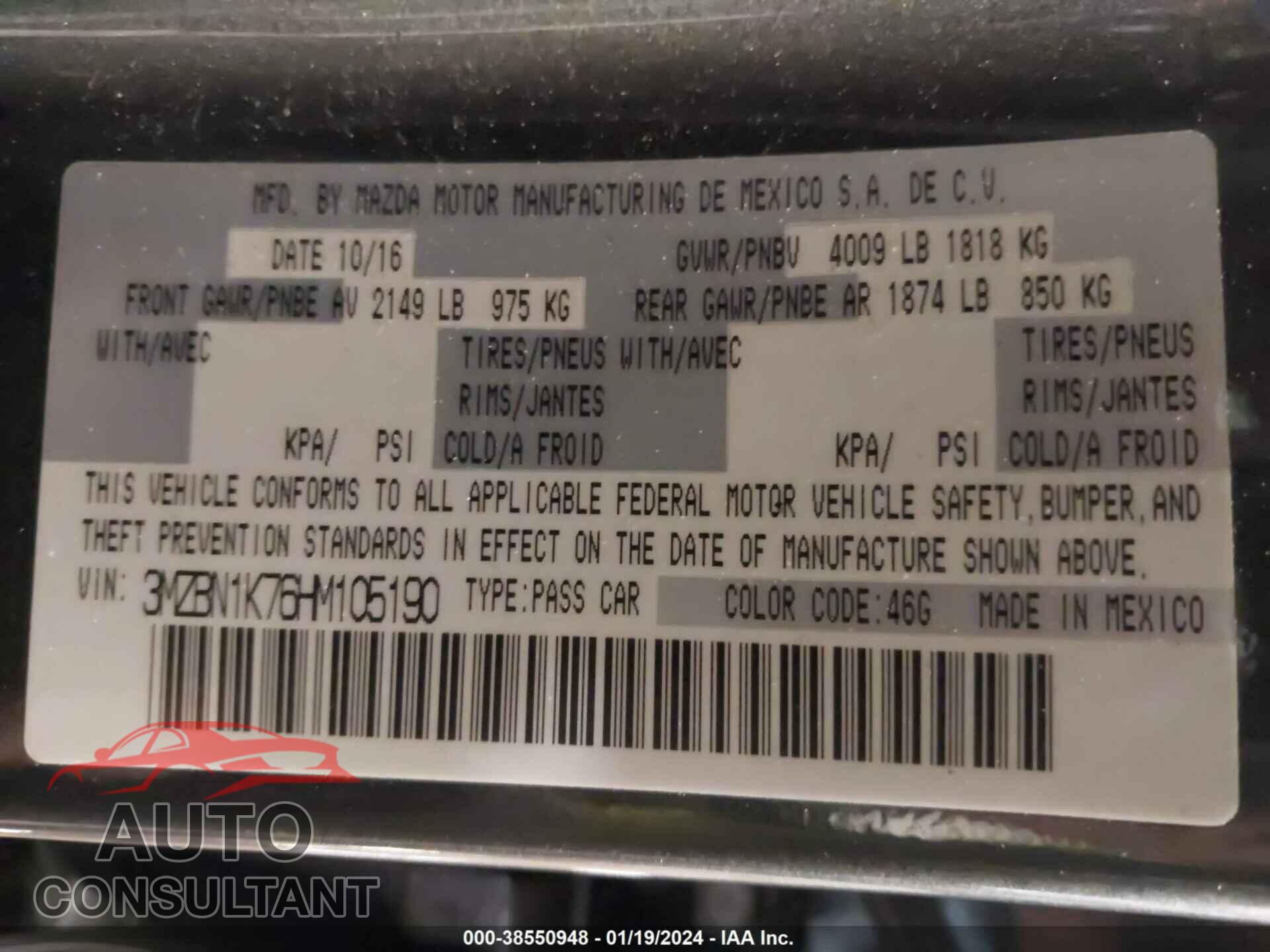 MAZDA 3 2017 - 3MZBN1K76HM105190